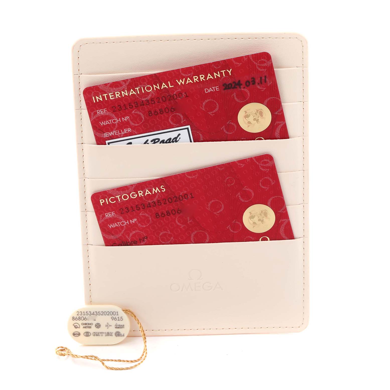 The image shows warranty and pictogram cards in a holder, along with a tag for the Omega Aqua Terra 231.53.43.22.02.001 Men's Rose Gold Silver Dial 231.53.43.22.02.001 Men's Rose Gold Silver Dial watch.