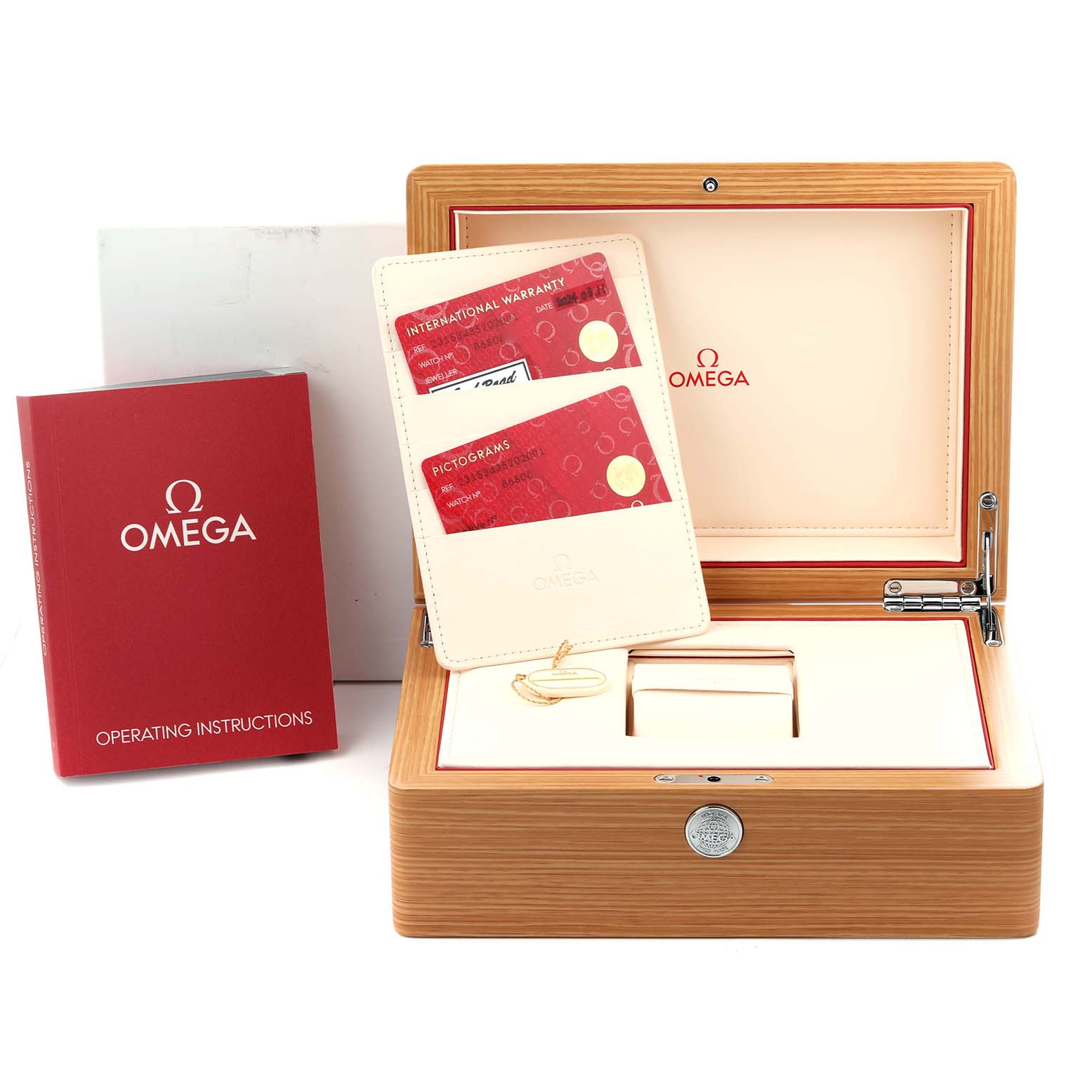 The image shows the Omega Aqua Terra 231.53.43.22.02.001 Men's Rose Gold Silver Dial 231.53.43.22.02.001 Men's Rose Gold Silver Dial's packaging, including the box, warranty cards, and instruction manual.