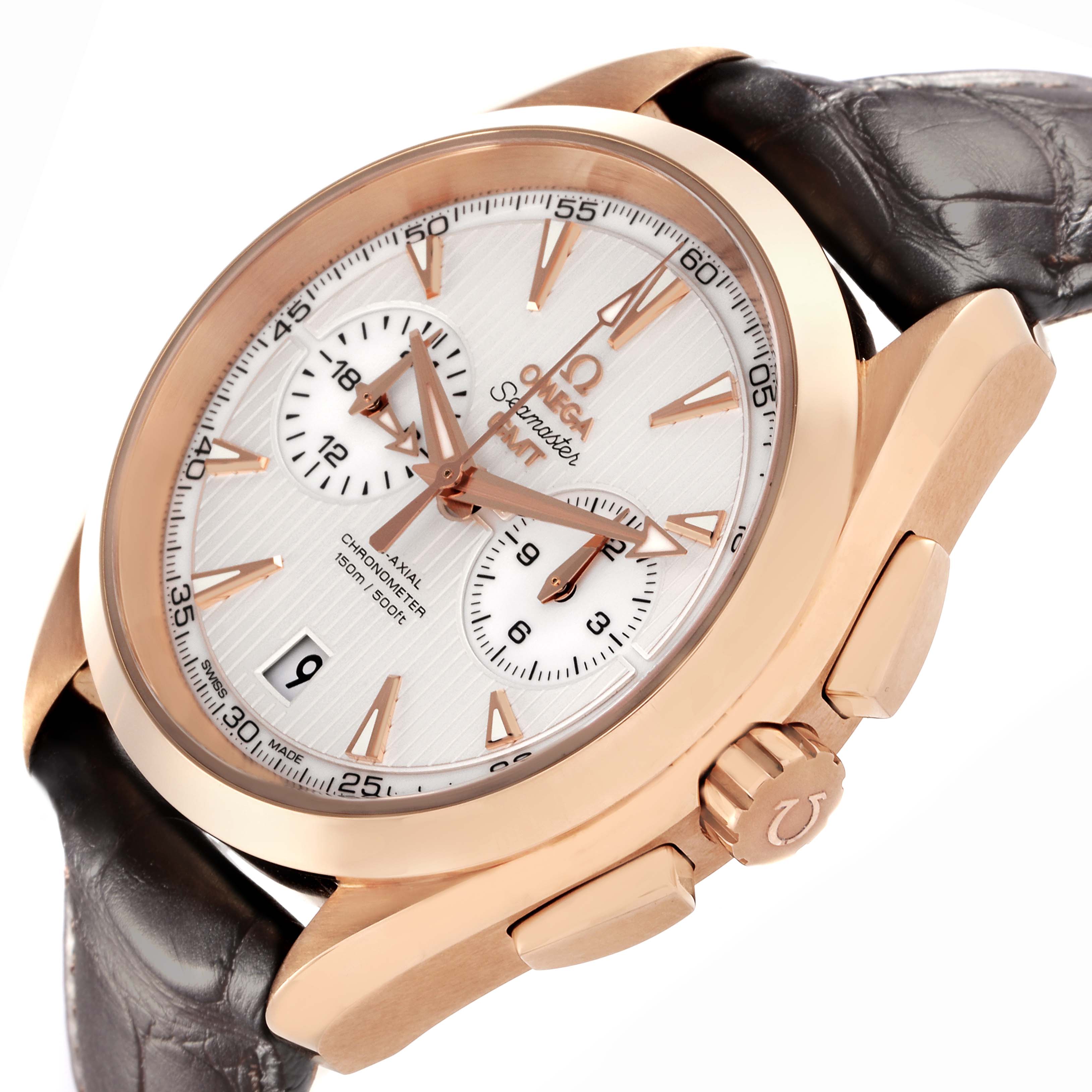 The Omega Aqua Terra 231.53.43.22.02.001 Men's Rose Gold Silver Dial 231.53.43.22.02.001 Men's Rose Gold Silver Dial watch is shown at an angle highlighting its rose gold case, white dial, and black leather strap.