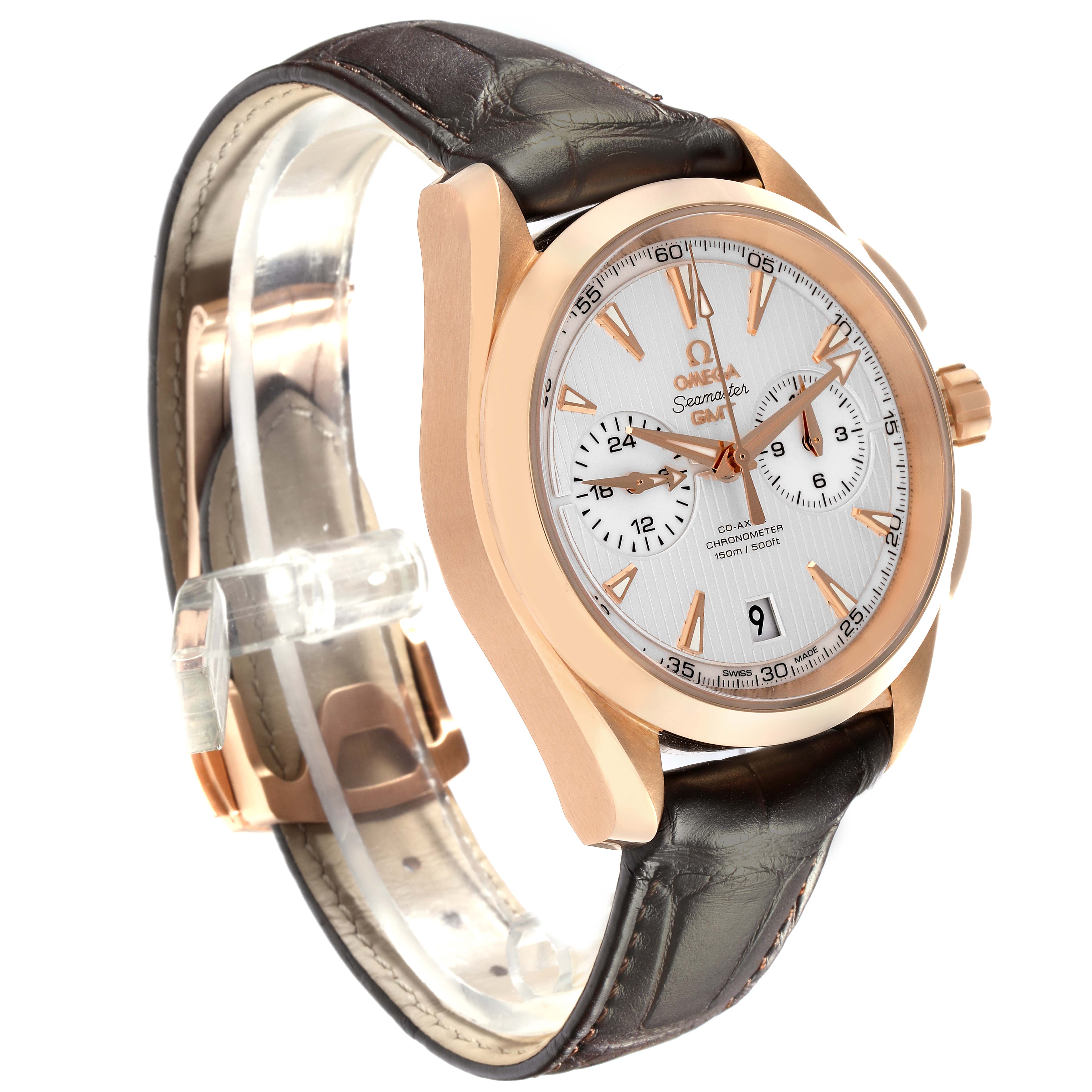 The Omega Aqua Terra 231.53.43.22.02.001 Men's Rose Gold Silver Dial 231.53.43.22.02.001 Men's Rose Gold Silver Dial watch is shown at a front-side angle, displaying the case, dial, crown, and leather strap.