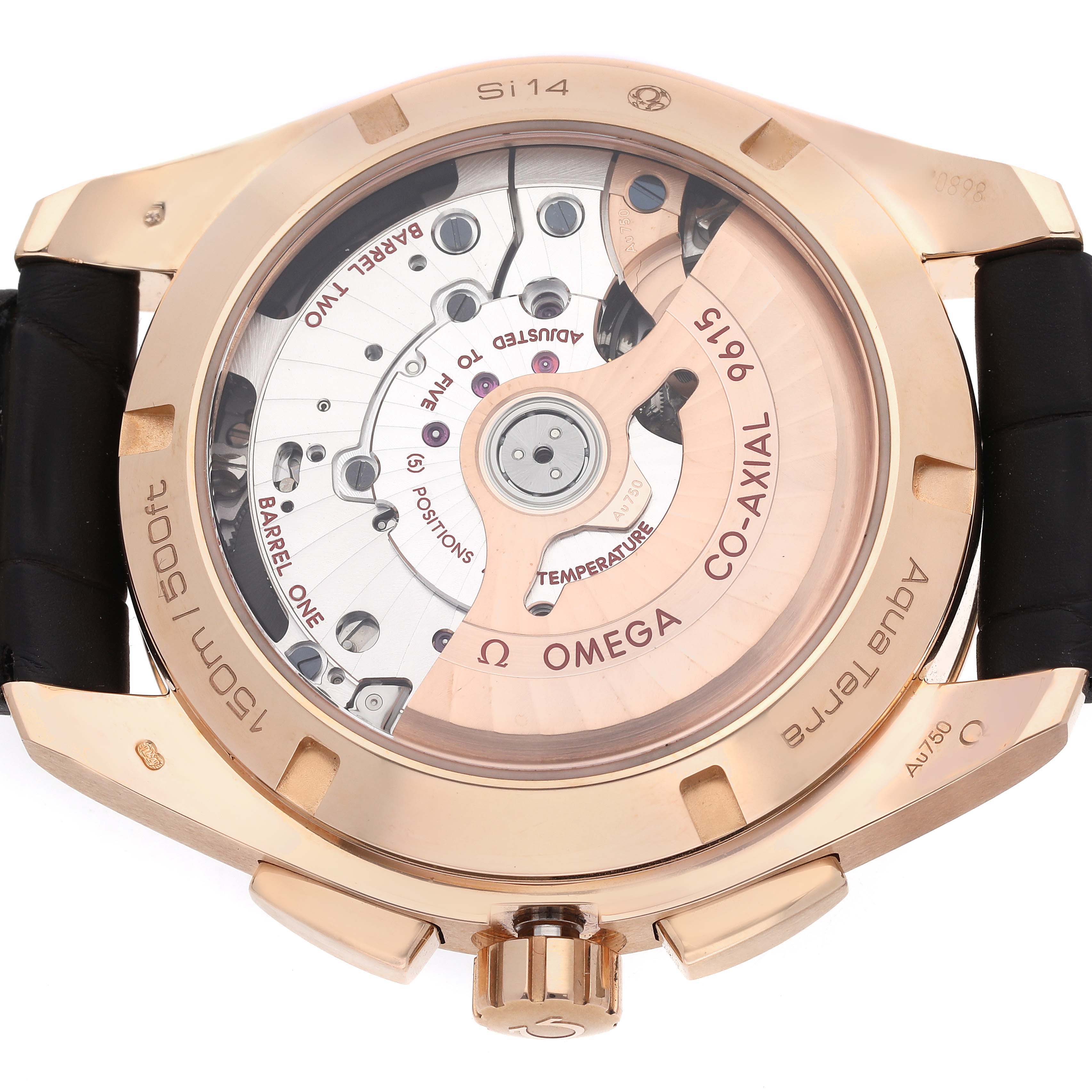 The image shows the back view of the Omega Aqua Terra 231.53.43.22.02.001 Men's Rose Gold Silver Dial 231.53.43.22.02.001 Men's Rose Gold Silver Dial watch, highlighting the movement and case details.