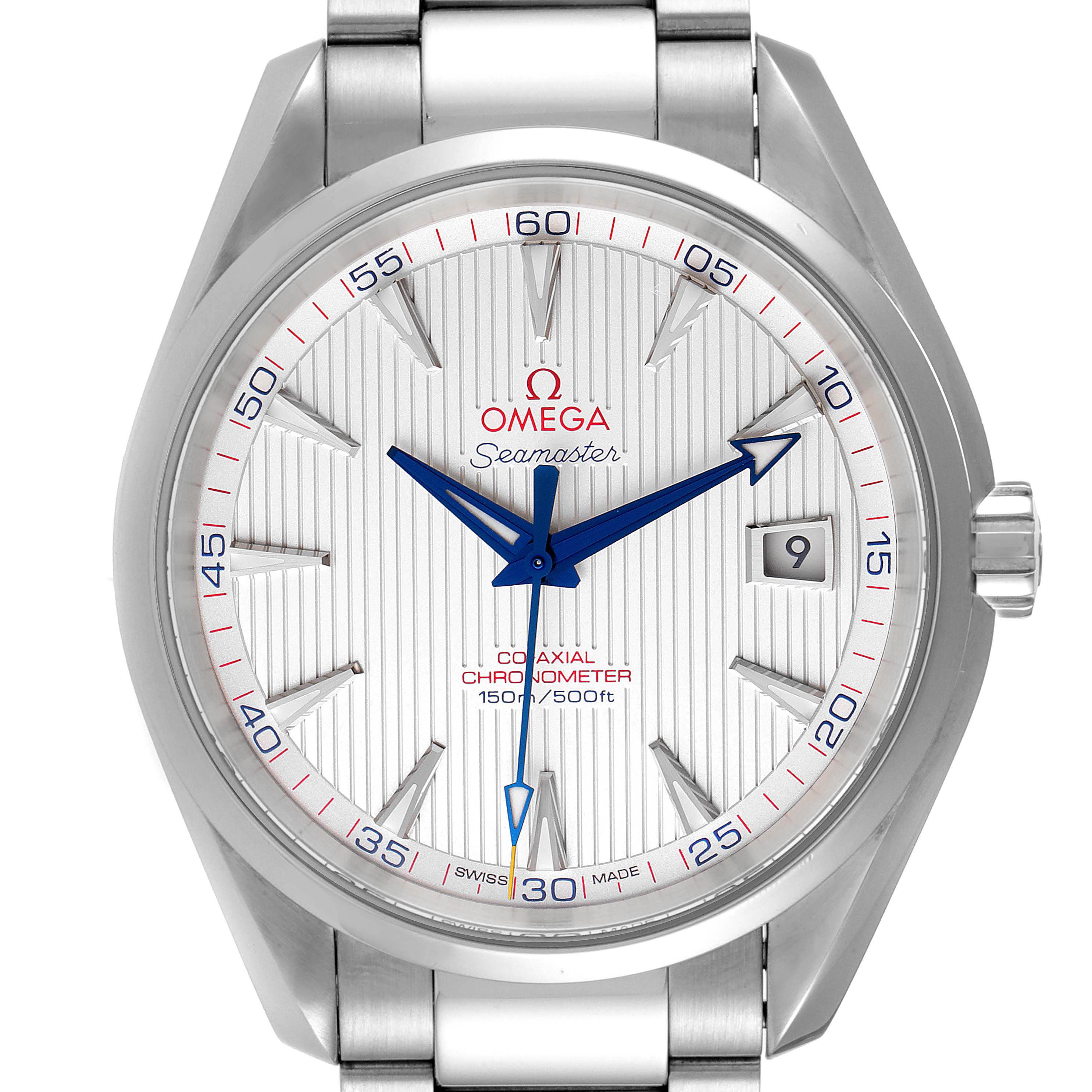 The image shows a front view of the Omega Aqua Terra 231.10.42.21.02.002 Men's Stainless Steel Silver Dial 231.10.42.21.02.002 Men's Stainless Steel Silver Dial Seamaster watch, highlighting the dial, hands, and part of the bracelet.