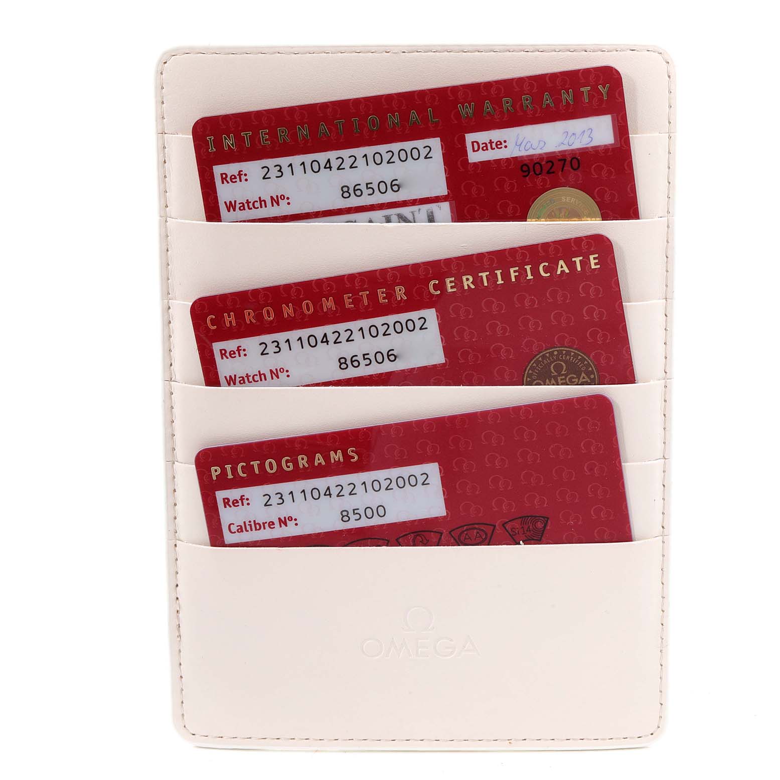 The image shows an Omega Aqua Terra 231.10.42.21.02.002 Men's Stainless Steel Silver Dial 231.10.42.21.02.002 Men's Stainless Steel Silver Dial watch's warranty, chronometer certificate, and pictograms cards in a holder.