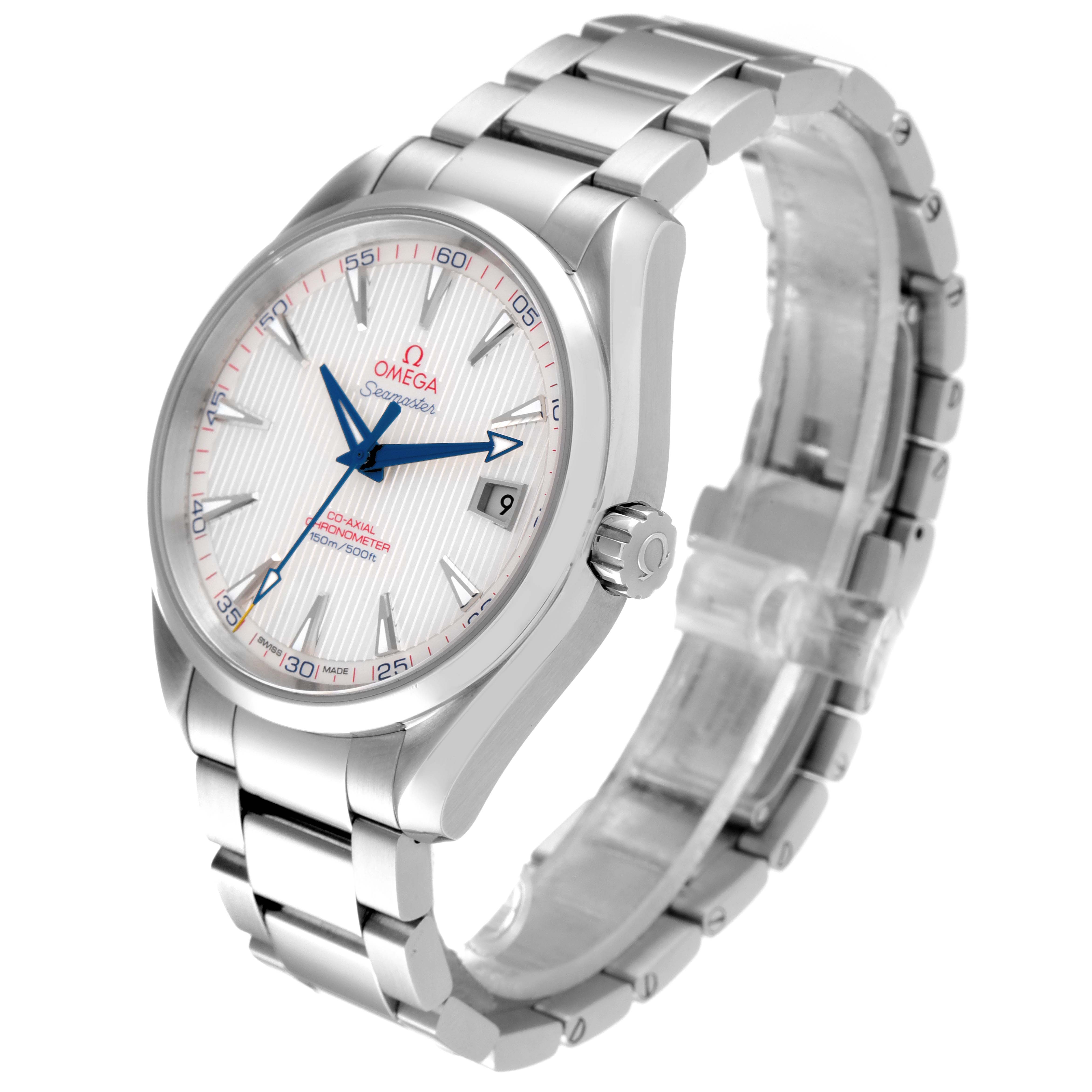 The Omega Aqua Terra 231.10.42.21.02.002 Men's Stainless Steel Silver Dial 231.10.42.21.02.002 Men's Stainless Steel Silver Dial watch is displayed at a three-quarter angle, showcasing the face, case, and bracelet.