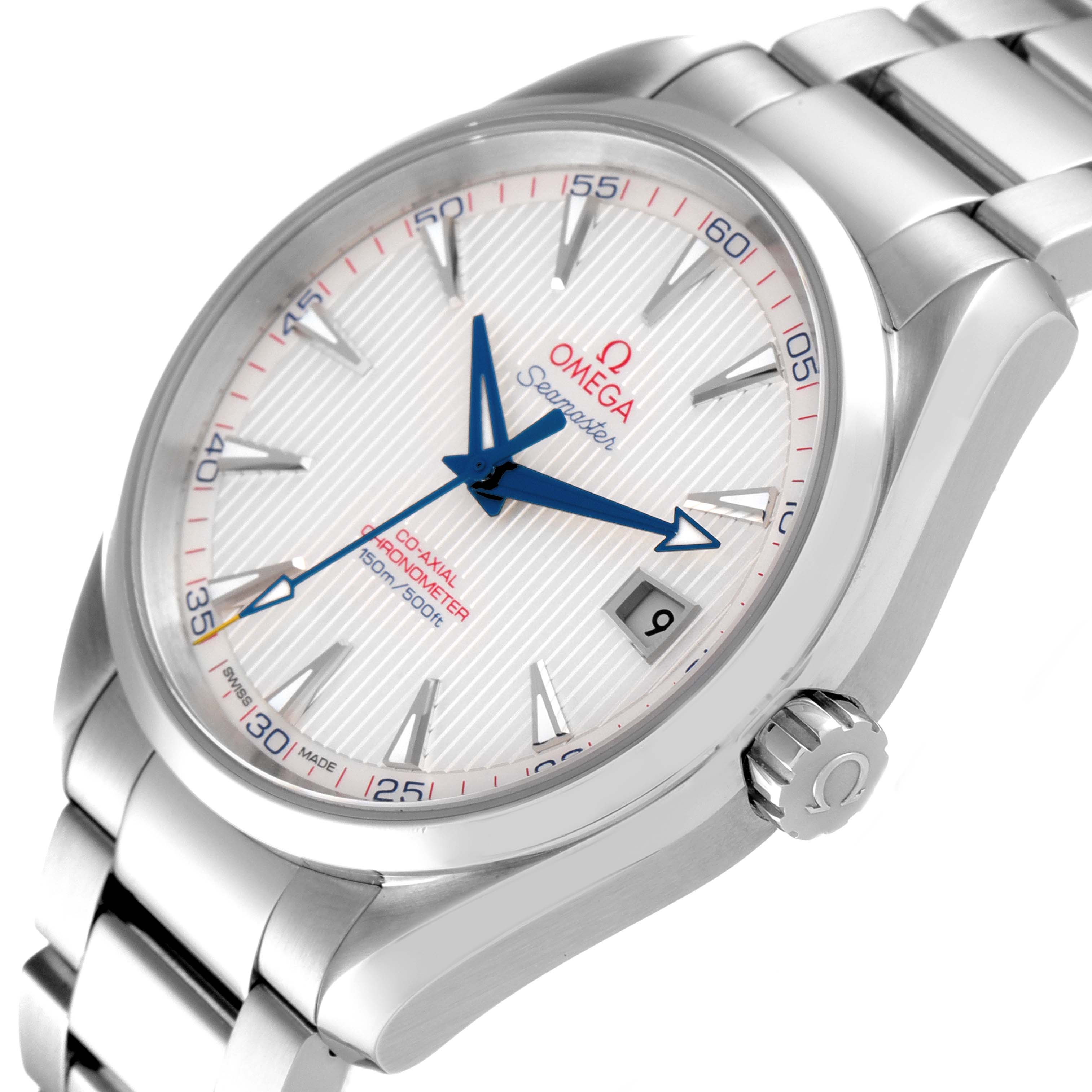 The image shows an angled view of the Omega Aqua Terra 231.10.42.21.02.002 Men's Stainless Steel Silver Dial 231.10.42.21.02.002 Men's Stainless Steel Silver Dial watch face and bracelet, highlighting the dial, hands, date, and crown.