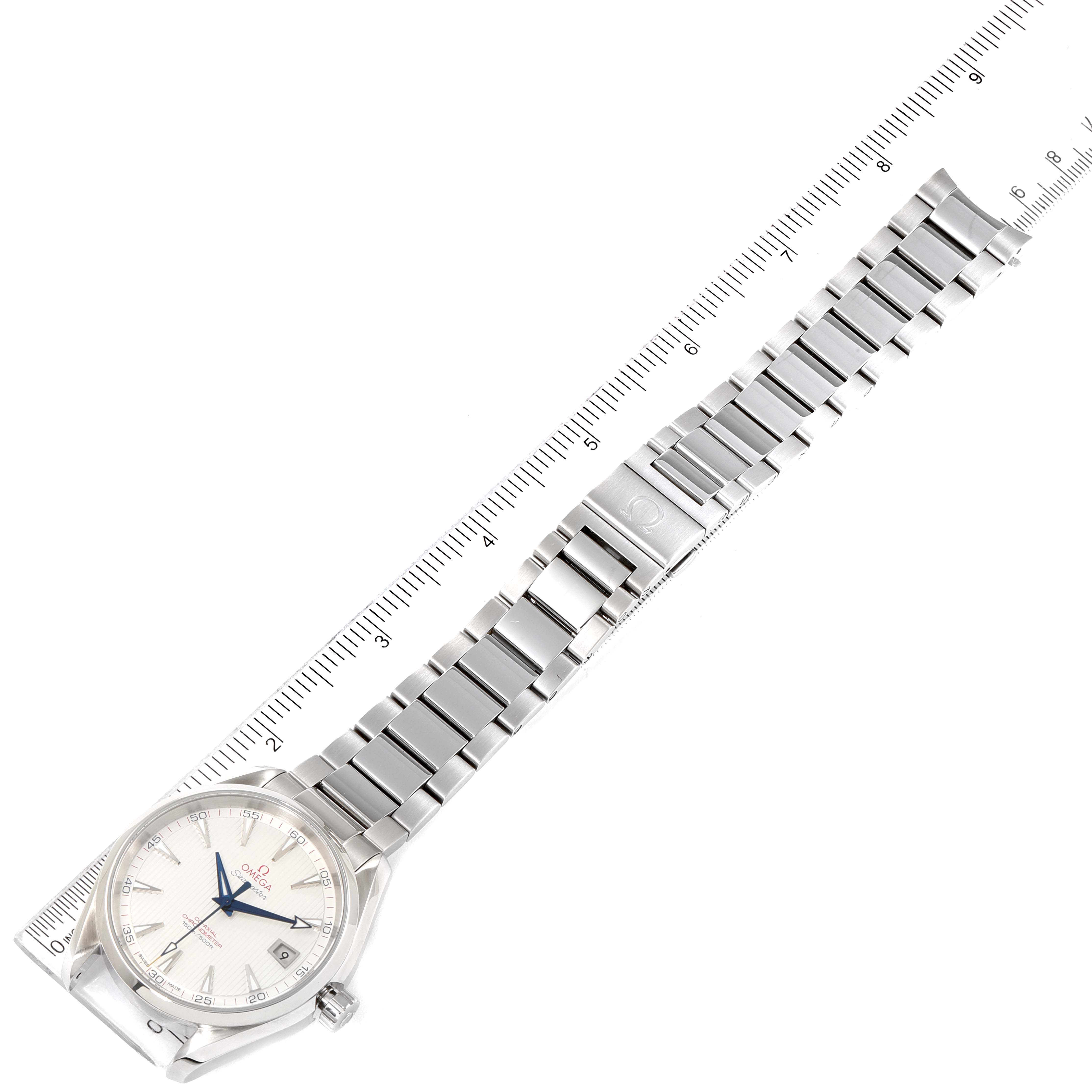 The image shows an Omega Aqua Terra 231.10.42.21.02.002 Men's Stainless Steel Silver Dial 231.10.42.21.02.002 Men's Stainless Steel Silver Dial watch laid flat, with the dial, bracelet, and clasp visible, measured against a ruler.