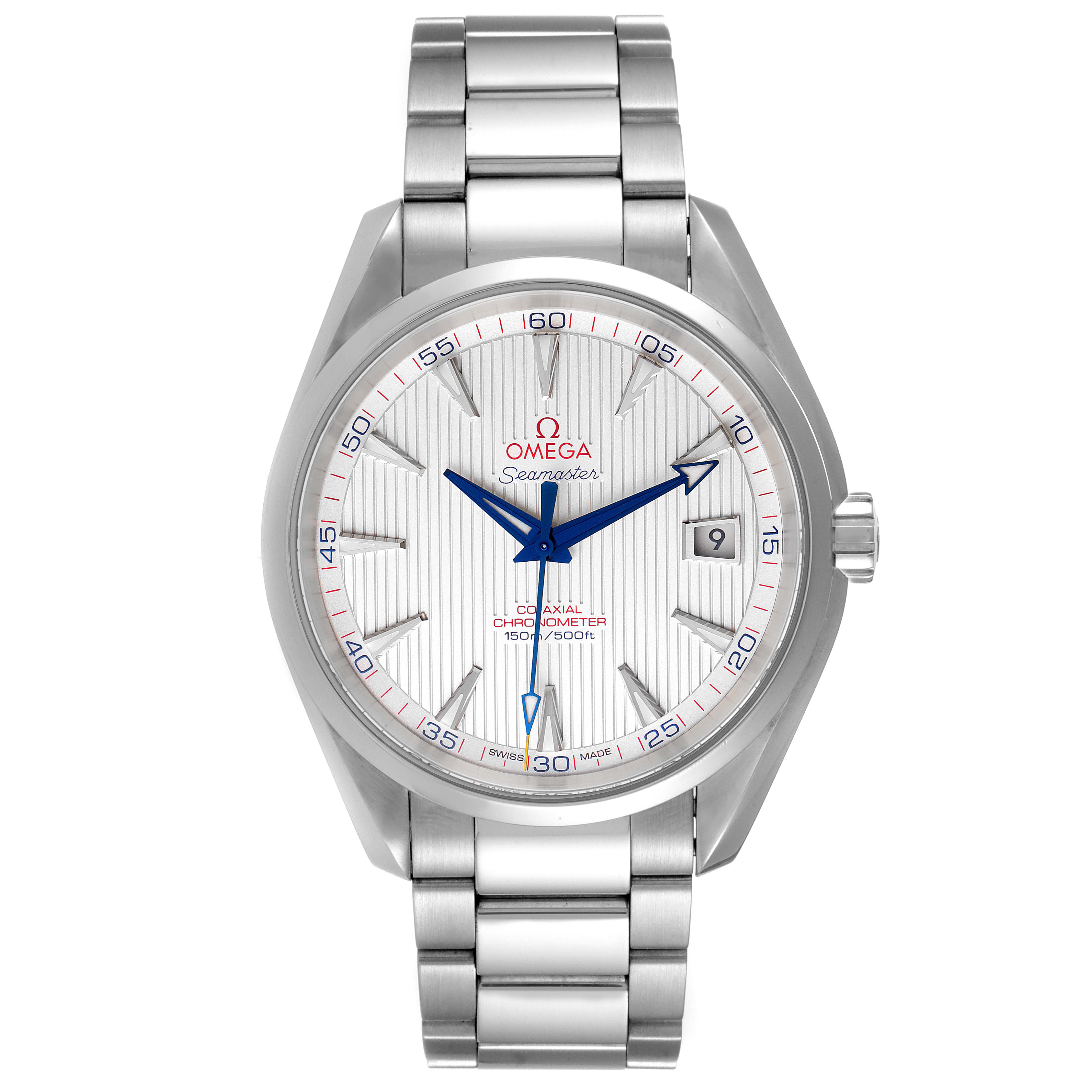 The image shows a front view of the Omega Aqua Terra 231.10.42.21.02.002 Men's Stainless Steel Silver Dial 231.10.42.21.02.002 Men's Stainless Steel Silver Dial watch, highlighting its face, bracelet, and crown.