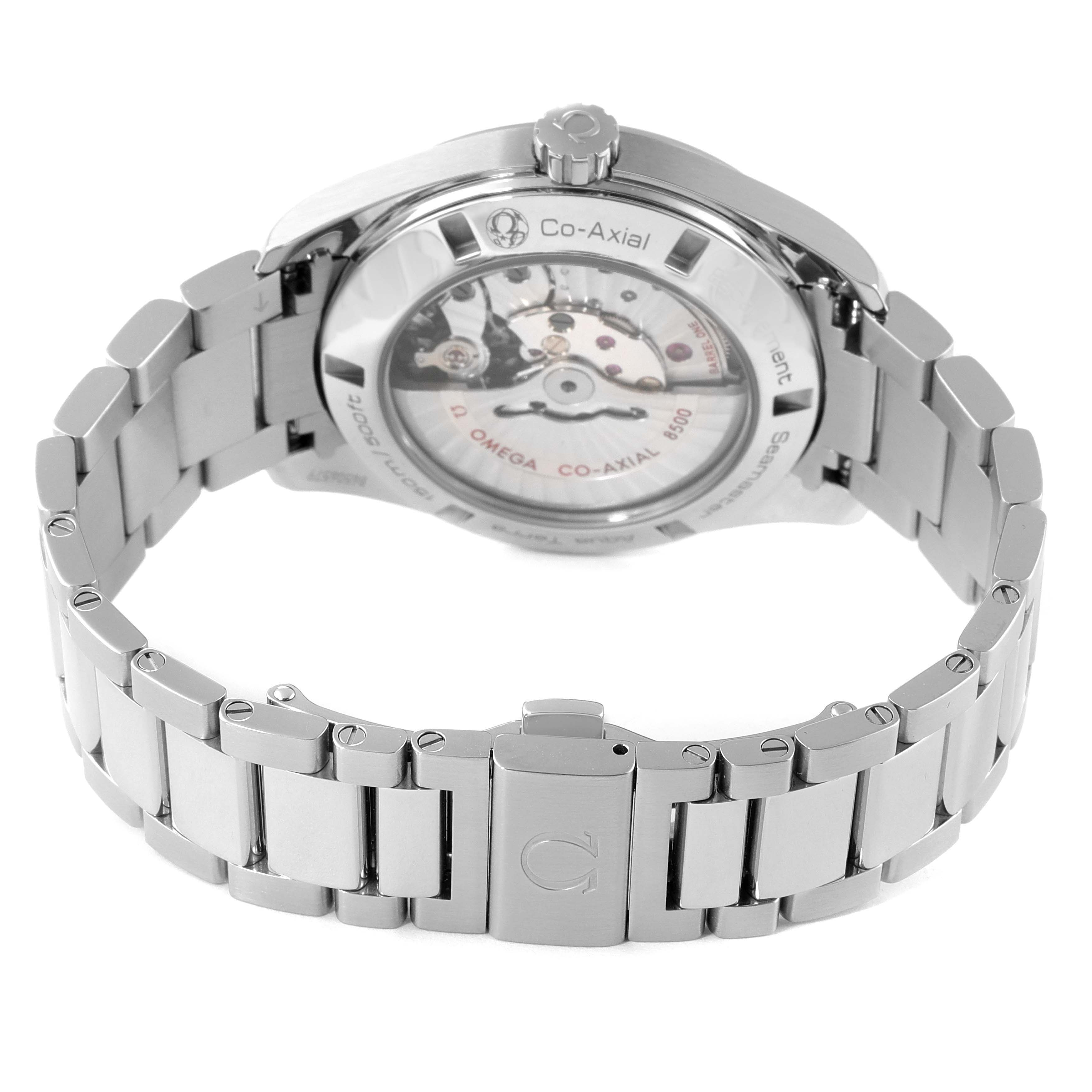 The Omega Aqua Terra 231.10.42.21.02.002 Men's Stainless Steel Silver Dial 231.10.42.21.02.002 Men's Stainless Steel Silver Dial watch is shown from the back, highlighting its open case back and metal bracelet.