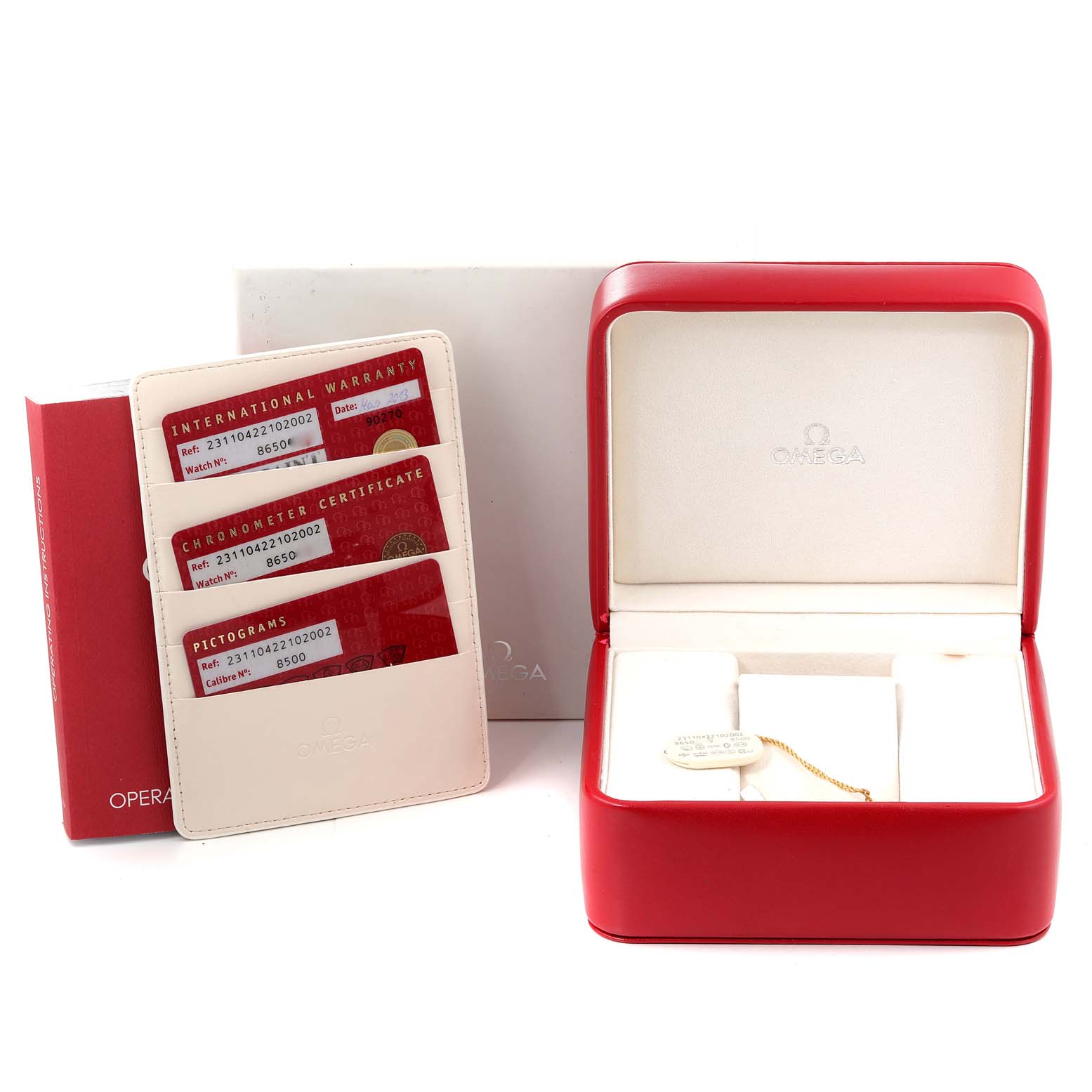 The image shows the packaging, warranty cards, and box for the Omega Aqua Terra 231.10.42.21.02.002 Men's Stainless Steel Silver Dial 231.10.42.21.02.002 Men's Stainless Steel Silver Dial watch.