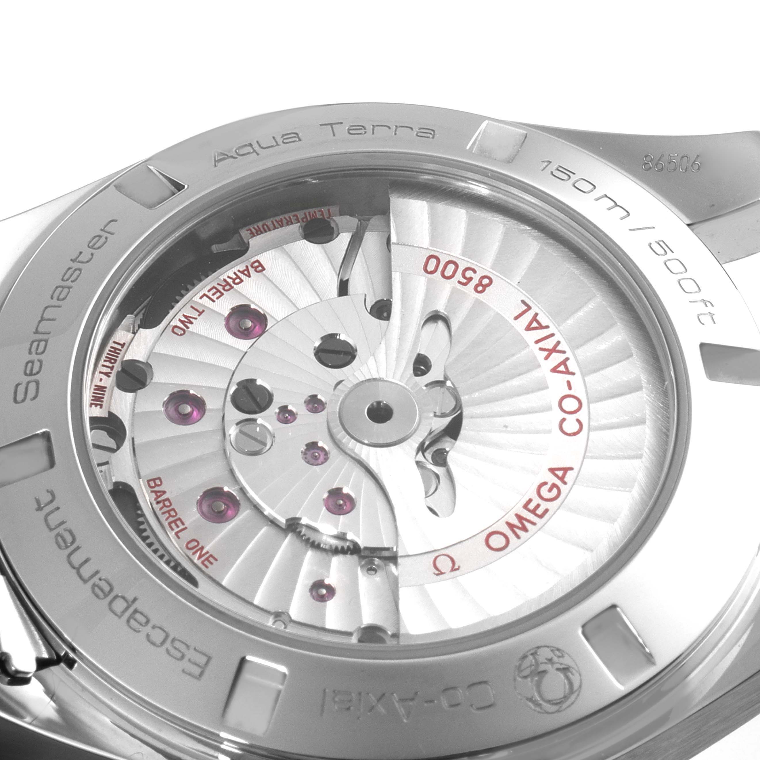 The image shows the back of the Omega Aqua Terra 231.10.42.21.02.002 Men's Stainless Steel Silver Dial 231.10.42.21.02.002 Men's Stainless Steel Silver Dial watch, highlighting the visible mechanical movement and engravings.