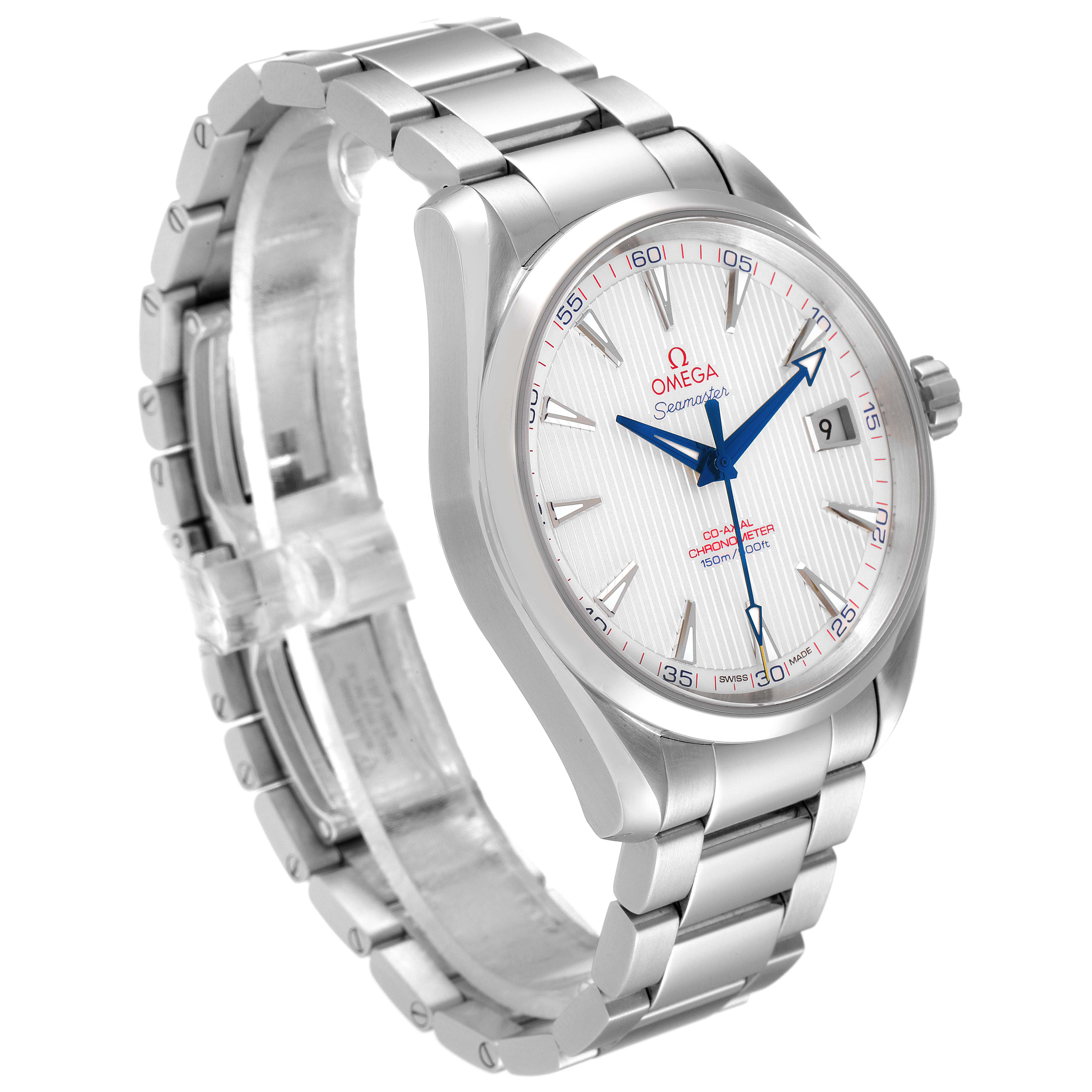 The image shows an Omega Aqua Terra 231.10.42.21.02.002 Men's Stainless Steel Silver Dial 231.10.42.21.02.002 Men's Stainless Steel Silver Dial watch at a three-quarter angle, highlighting its face, bracelet, and clasp.