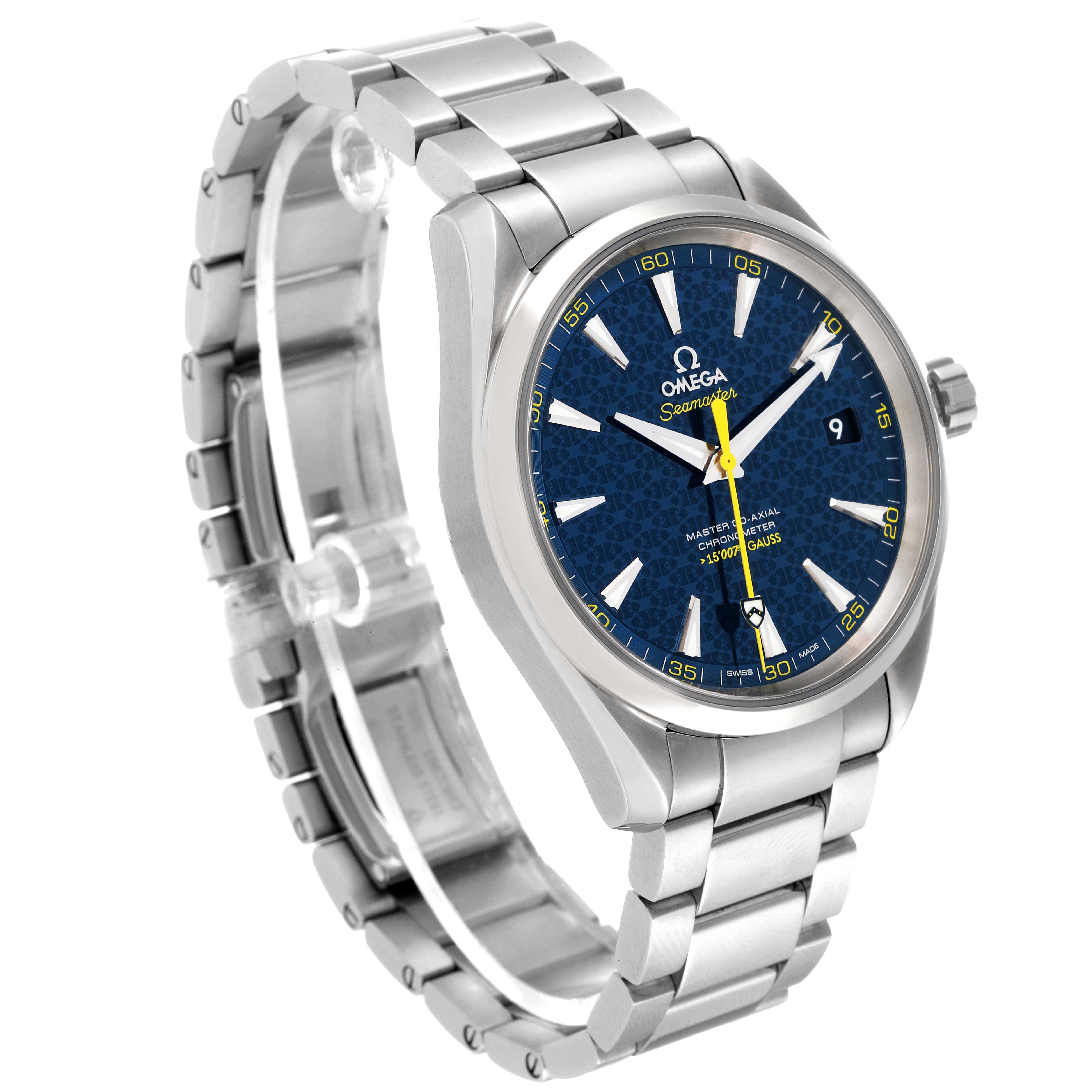 The image showcases the Omega Aqua Terra 231.10.42.21.03.004 Men
s Stainless Steel Blue Dial 231.10.42.21.03.004 Men
s Stainless Steel Blue Dial watch at an angled side view, highlighting its blue dial, stainless steel case, and bracelet.