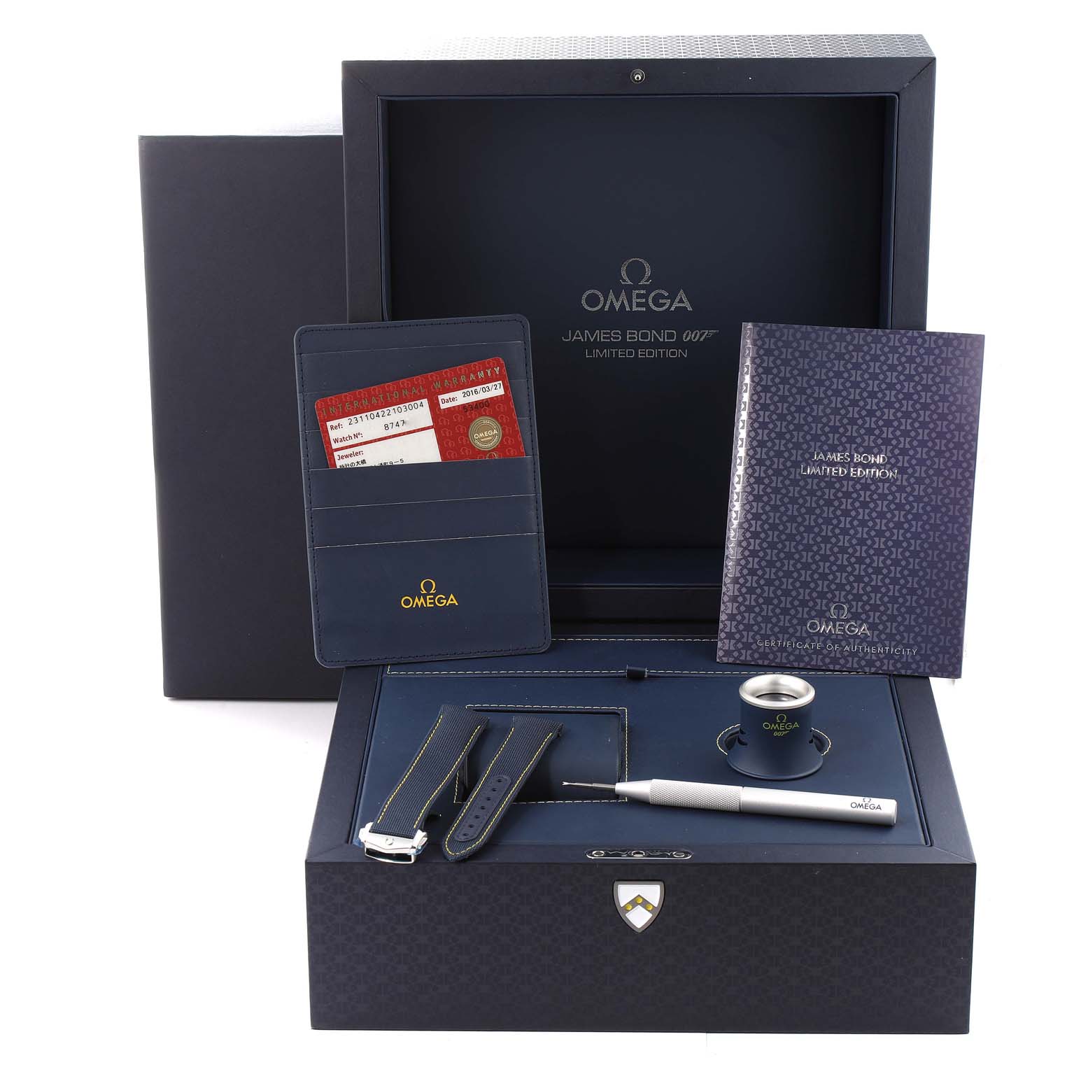 This image shows the Omega Aqua Terra 231.10.42.21.03.004 Men
s Stainless Steel Blue Dial 231.10.42.21.03.004 Men
s Stainless Steel Blue Dial watch accessories set, including straps, tools, warranty card, and paperwork at a top-down angle.