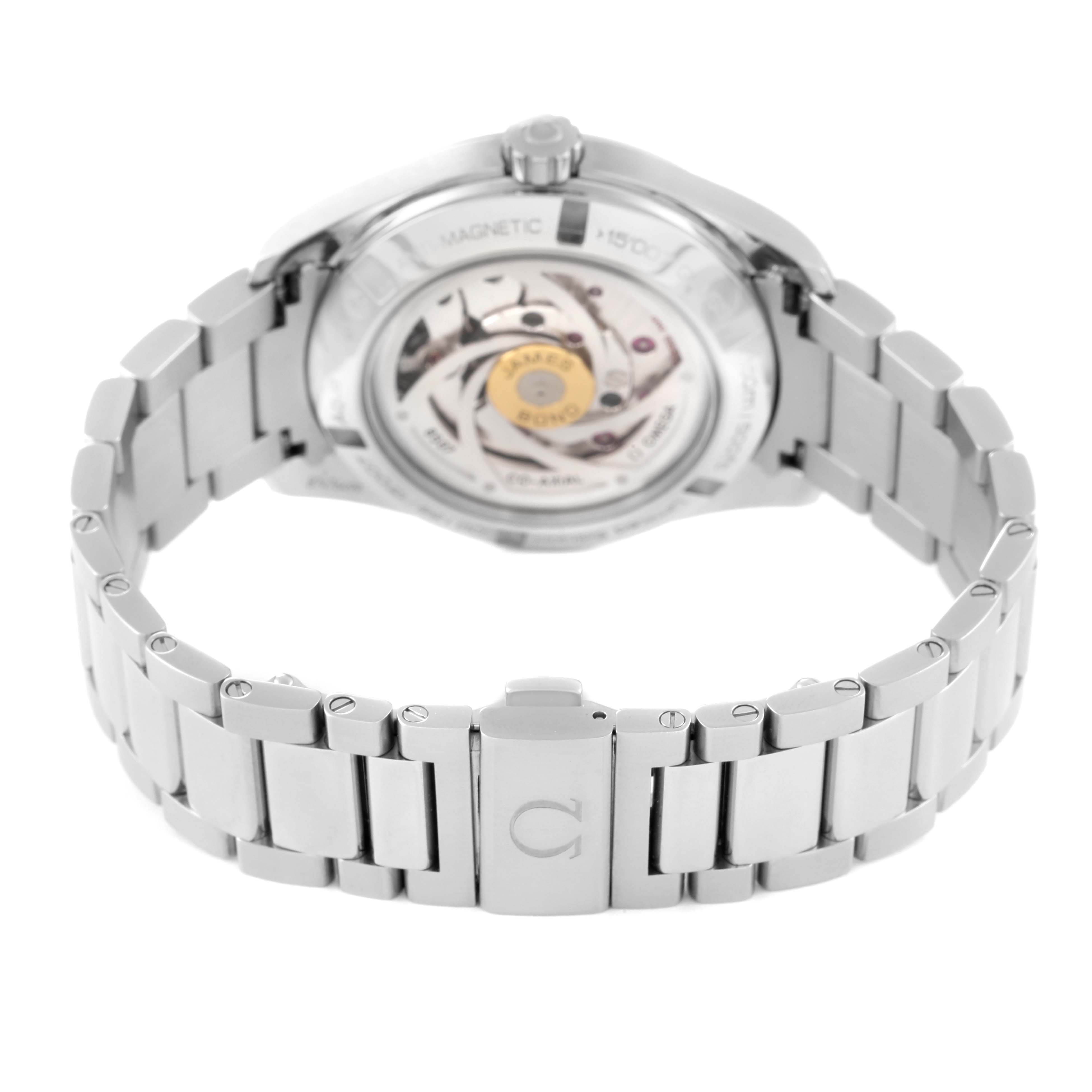 The image shows the back view of the Omega Aqua Terra 231.10.42.21.03.004 Men
s Stainless Steel Blue Dial 231.10.42.21.03.004 Men
s Stainless Steel Blue Dial watch, highlighting its case back and bracelet.