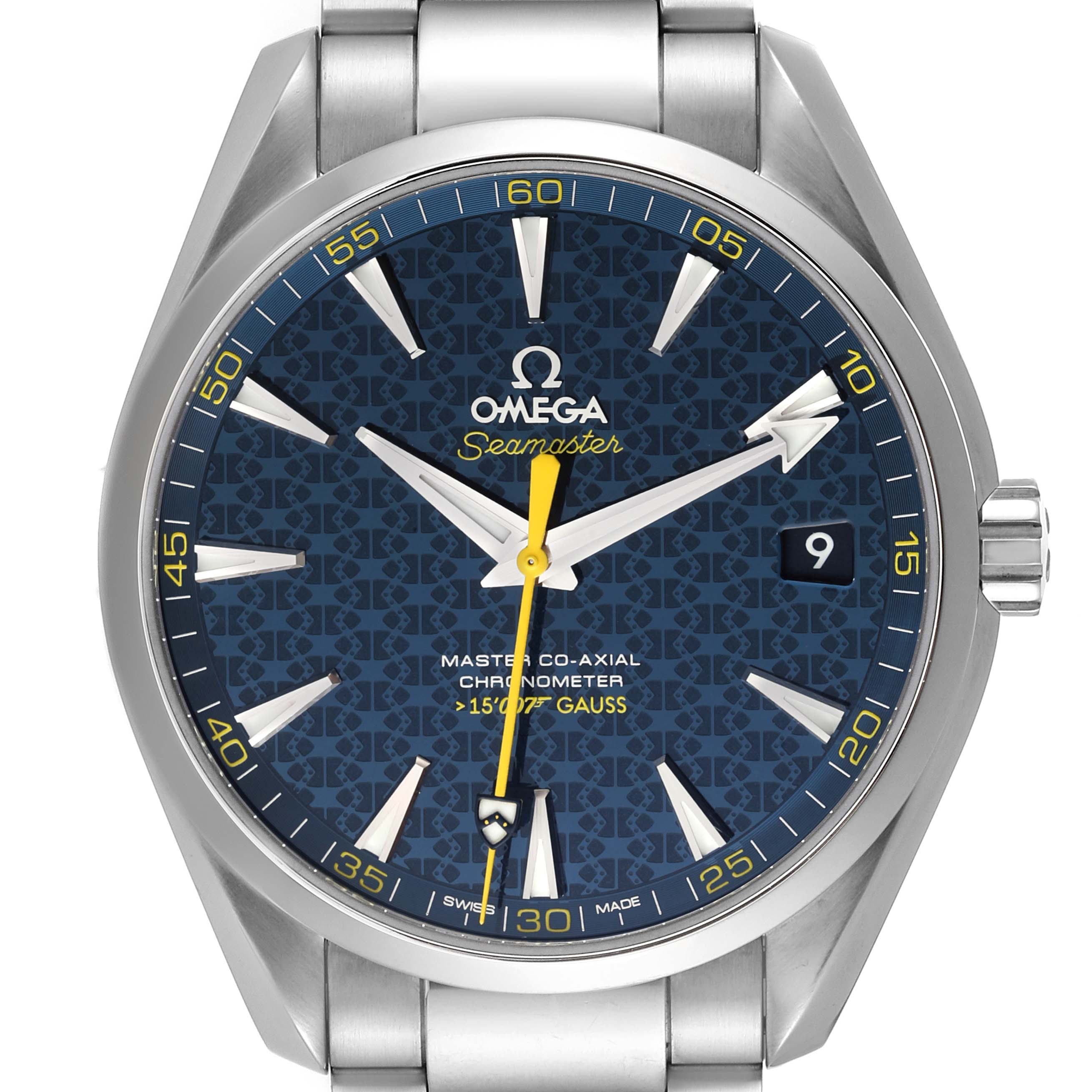 The image shows a close-up of the face and bezel of the Omega Aqua Terra 231.10.42.21.03.004 Men
s Stainless Steel Blue Dial 231.10.42.21.03.004 Men
s Stainless Steel Blue Dial Seamaster watch, highlighting the dial, indices, hands, and date window.