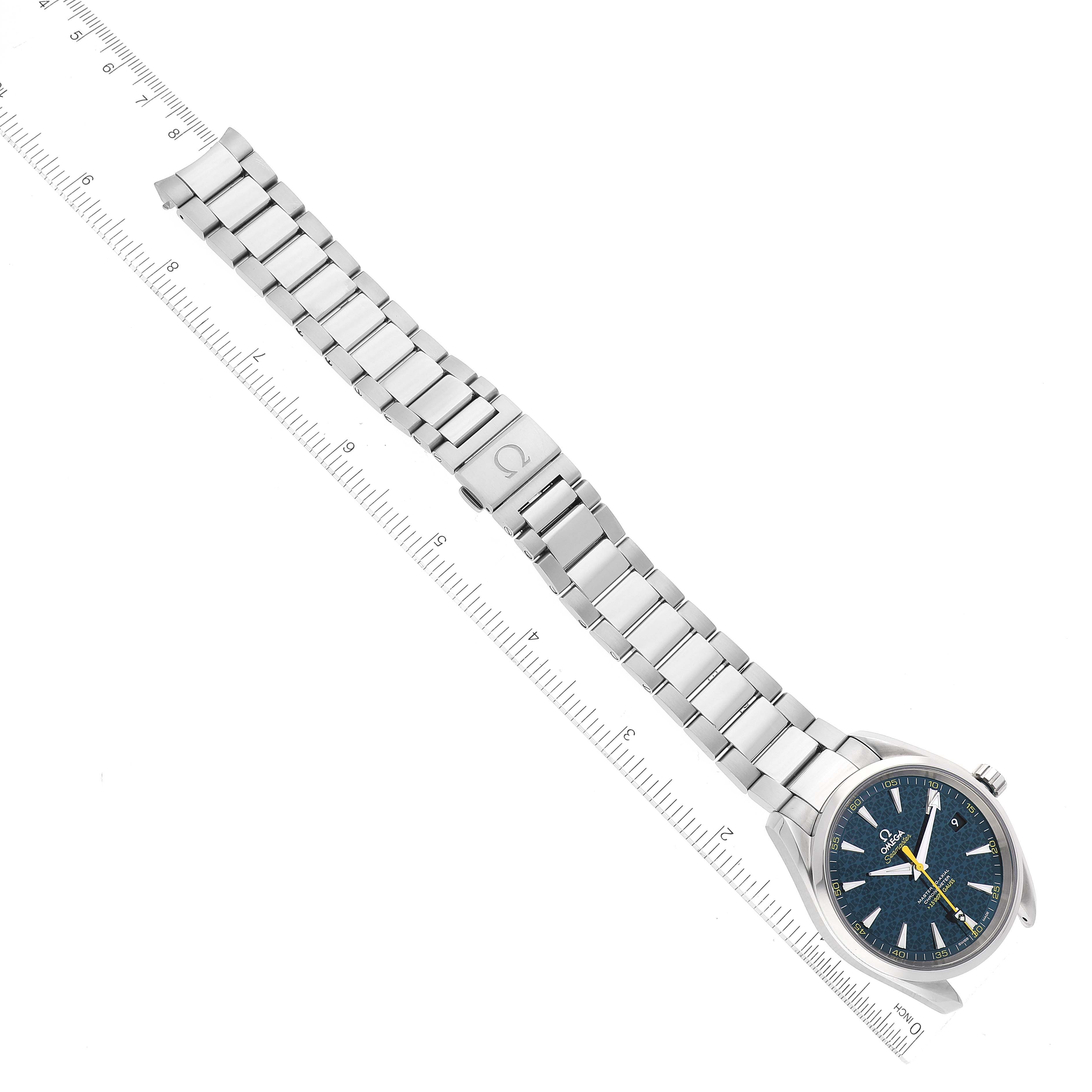 The Omega Aqua Terra 231.10.42.21.03.004 Men
s Stainless Steel Blue Dial 231.10.42.21.03.004 Men
s Stainless Steel Blue Dial watch is shown from a top-down angle, displaying its face, stainless steel bracelet, and clasp.