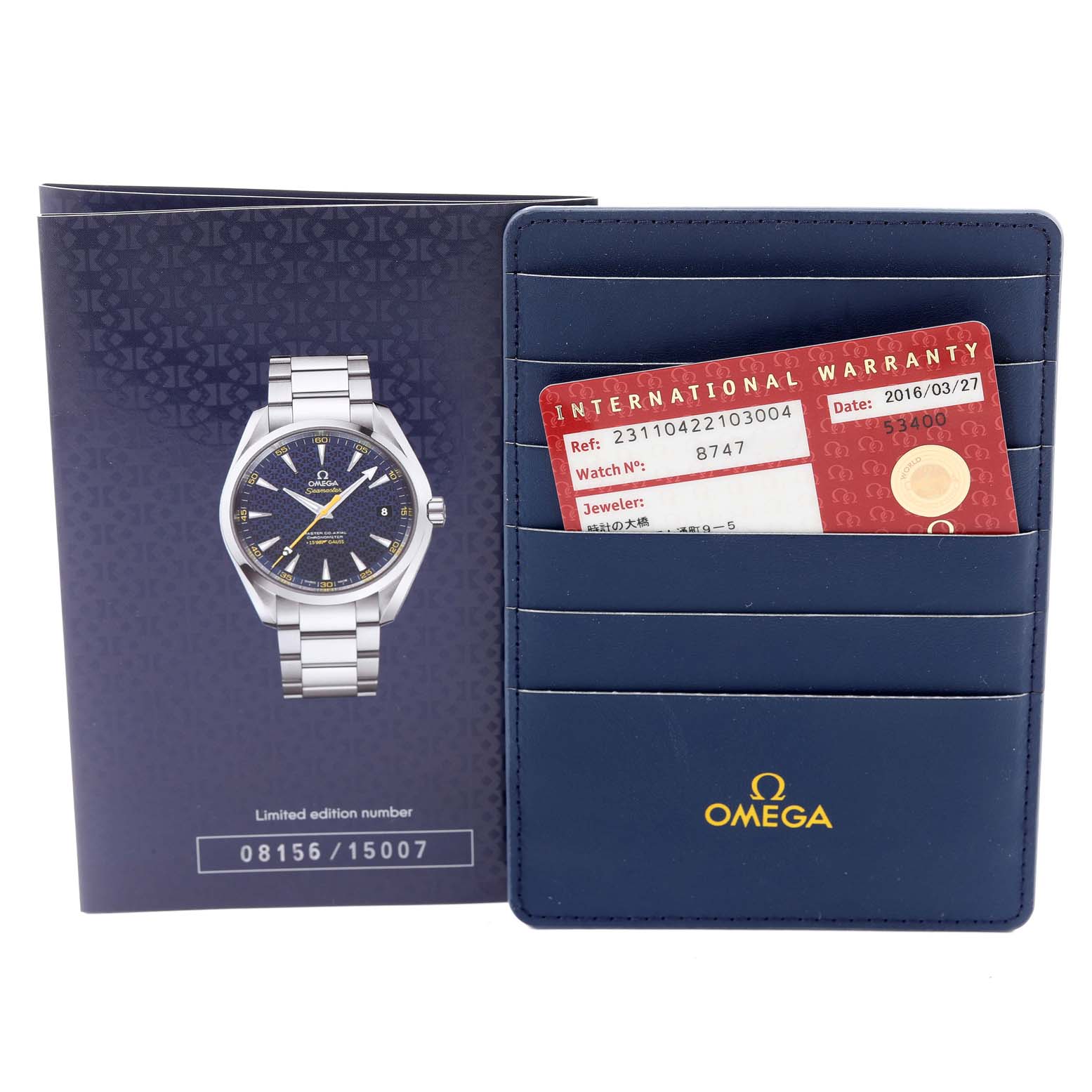 The image shows the packaging and warranty card holder for the Omega Aqua Terra 231.10.42.21.03.004 Men
s Stainless Steel Blue Dial 231.10.42.21.03.004 Men
s Stainless Steel Blue Dial watch model.