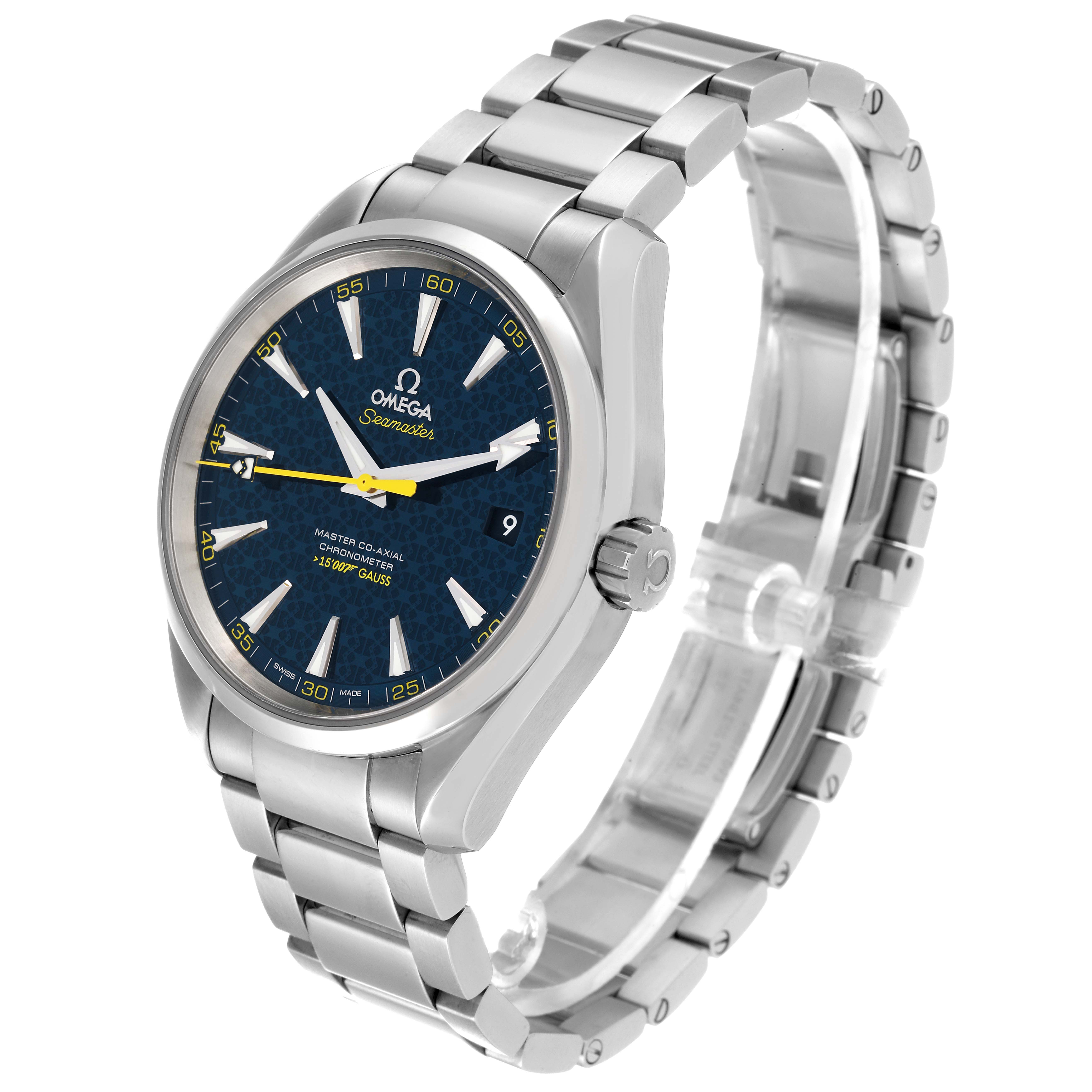 The image shows an Omega Aqua Terra 231.10.42.21.03.004 Men
s Stainless Steel Blue Dial 231.10.42.21.03.004 Men
s Stainless Steel Blue Dial watch at an angled view, highlighting the face, bezel, crown, and bracelet.