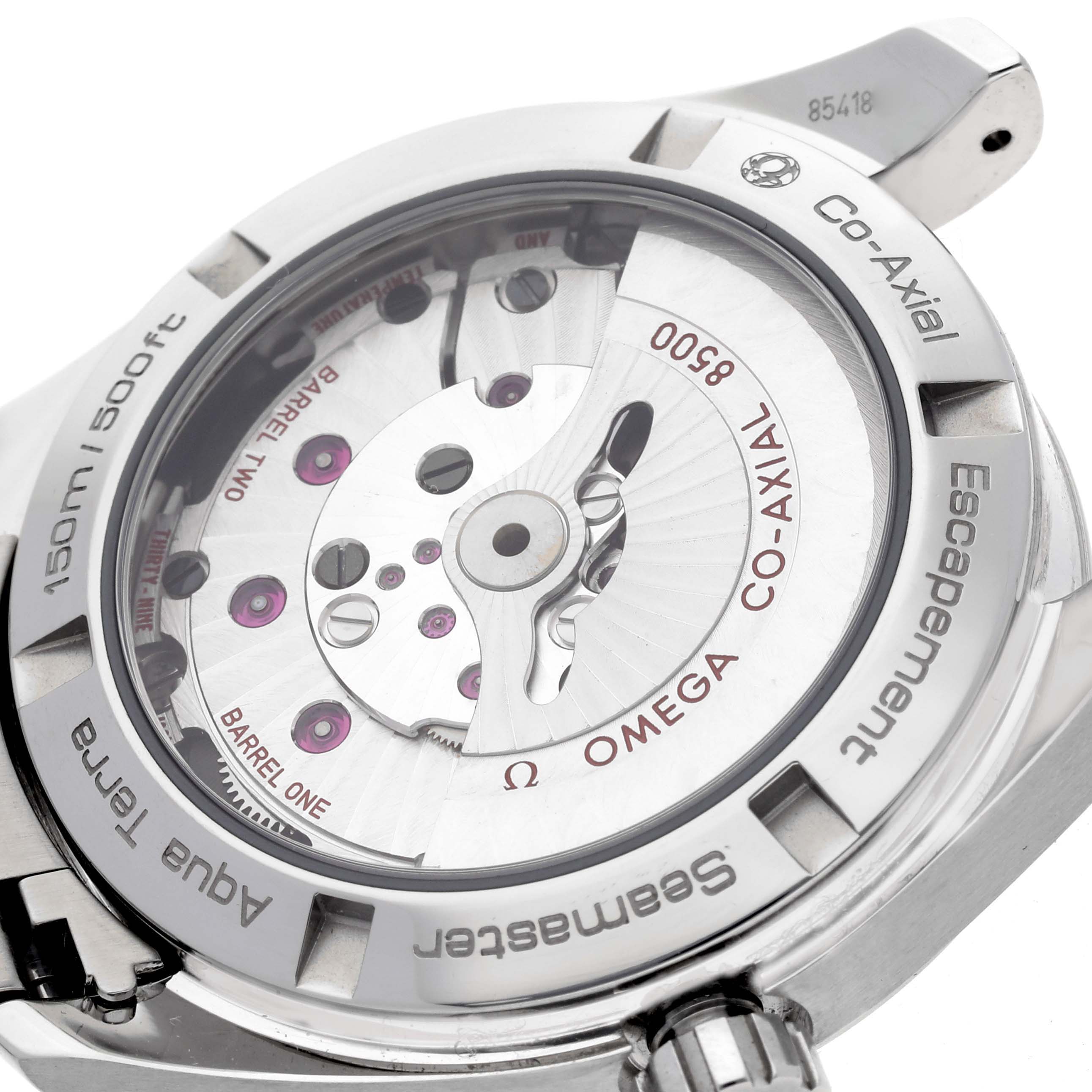 The image shows the back view of the Omega Aqua Terra 231.10.39.21.02.001 Men's Stainless Steel Silver Dial 231.10.39.21.02.001 Men's Stainless Steel Silver Dial watch, highlighting the Co-Axial movement and rotor components.