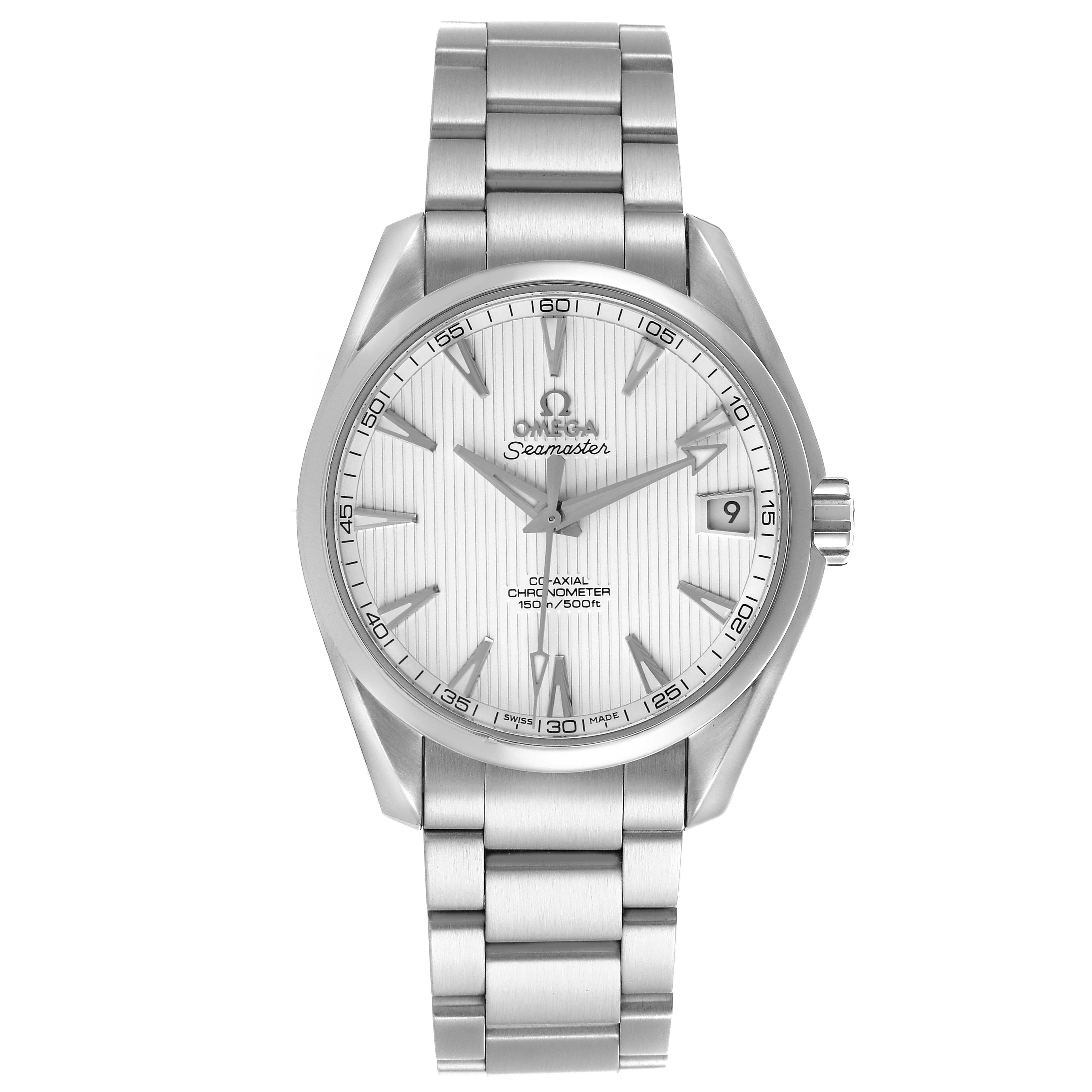 The Omega Aqua Terra 231.10.39.21.02.001 Men's Stainless Steel Silver Dial 231.10.39.21.02.001 Men's Stainless Steel Silver Dial watch is shown from the front, displaying the face, bezel, and bracelet.
