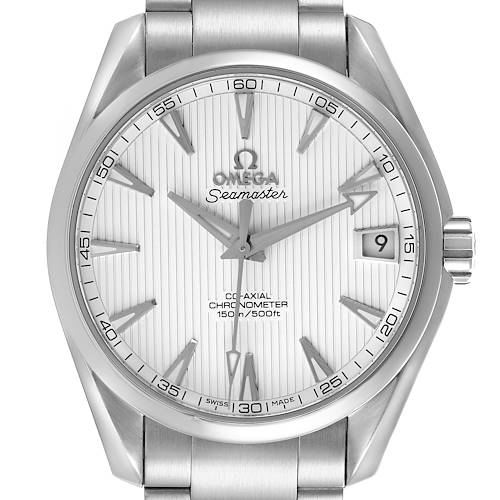 The Omega Aqua Terra watch is shown from a front view, highlighting the dial, hands, markers, and date window.