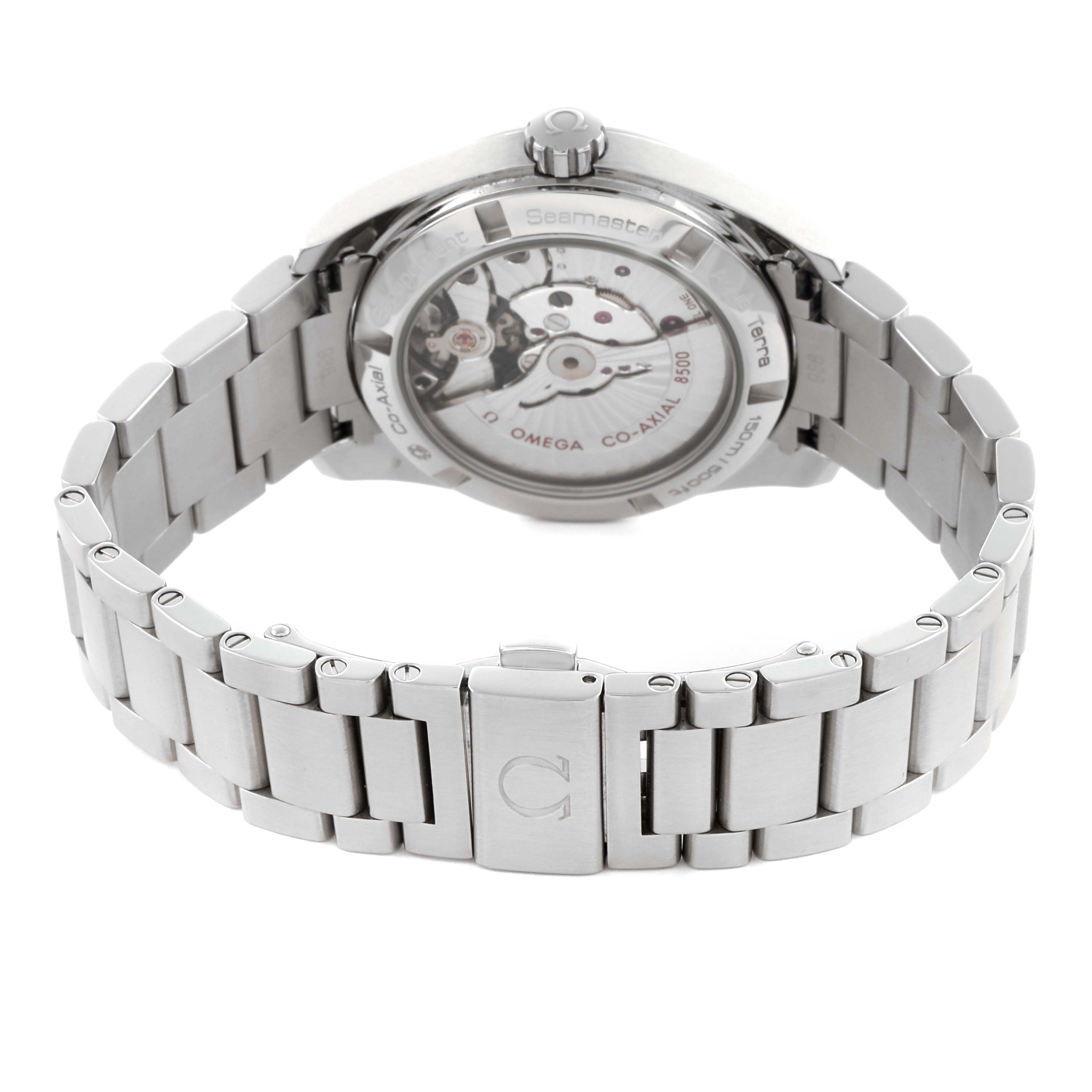 The Omega Aqua Terra 231.10.39.21.02.001 Men's Stainless Steel Silver Dial 231.10.39.21.02.001 Men's Stainless Steel Silver Dial watch is shown from the back, highlighting the movement and metal bracelet clasp.