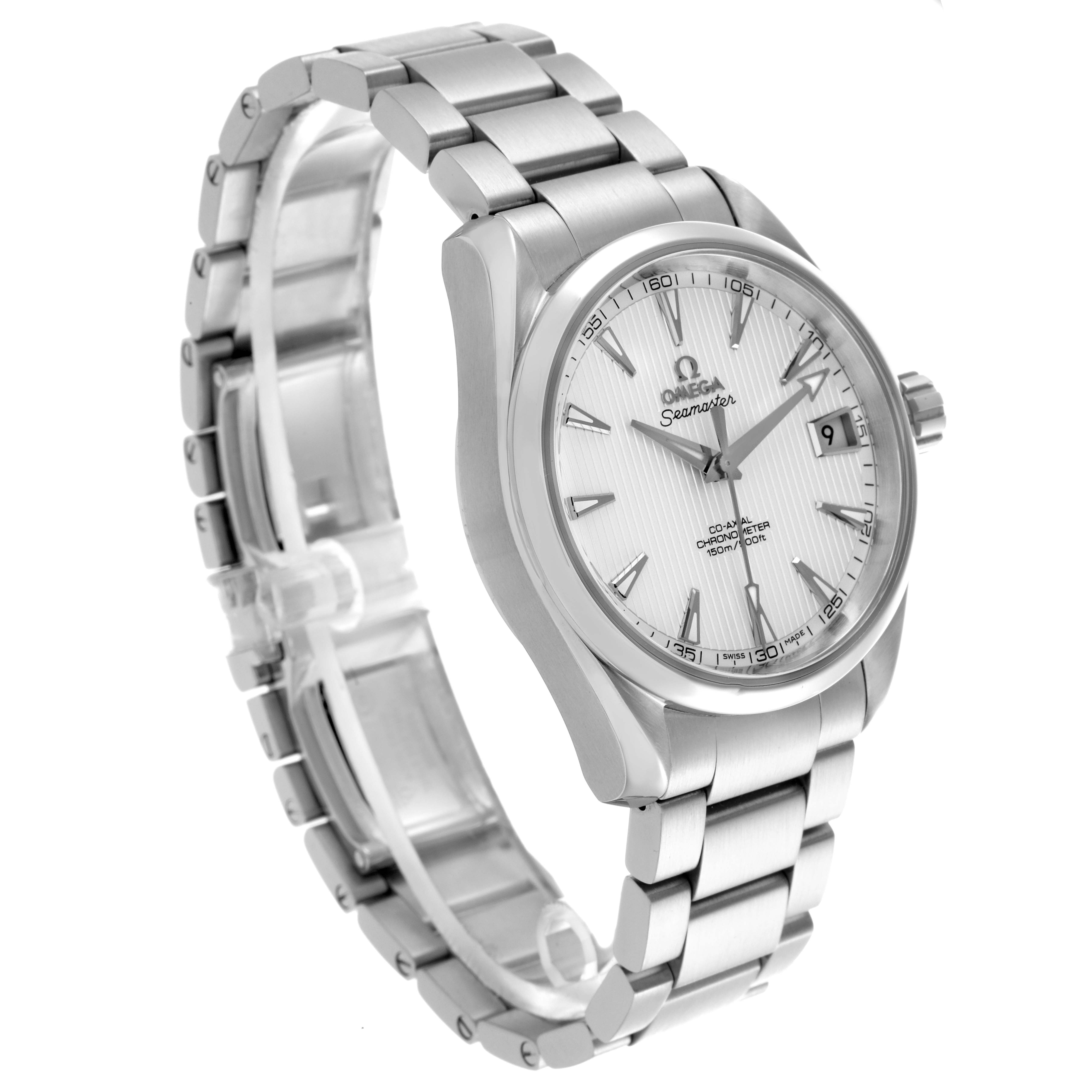 The Omega Aqua Terra 231.10.39.21.02.001 Men's Stainless Steel Silver Dial 231.10.39.21.02.001 Men's Stainless Steel Silver Dial watch is shown at a three-quarter angle, highlighting the face, bezel, and stainless steel bracelet.