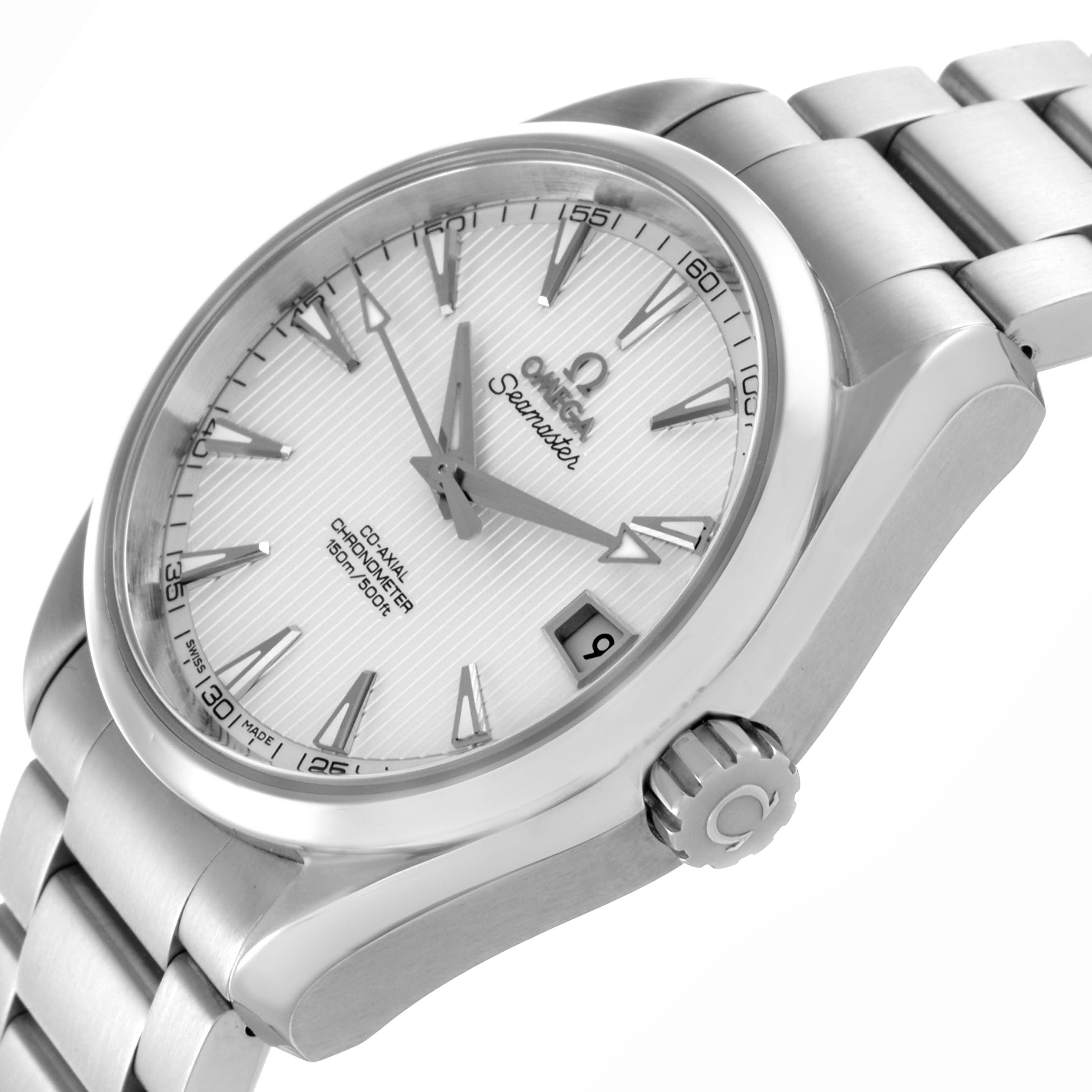 The Omega Aqua Terra 231.10.39.21.02.001 Men's Stainless Steel Silver Dial 231.10.39.21.02.001 Men's Stainless Steel Silver Dial watch is shown at a three-quarter angle, highlighting the dial, crown, and bracelet.