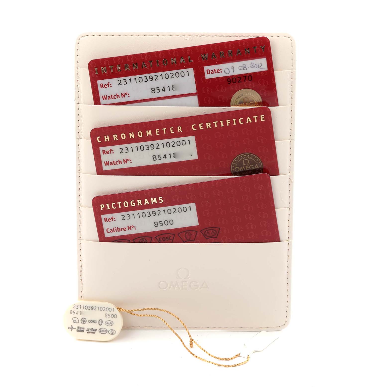 The image shows Omega Aqua Terra 231.10.39.21.02.001 Men's Stainless Steel Silver Dial 231.10.39.21.02.001 Men's Stainless Steel Silver Dial model documentation with warranty cards and a branded tag.