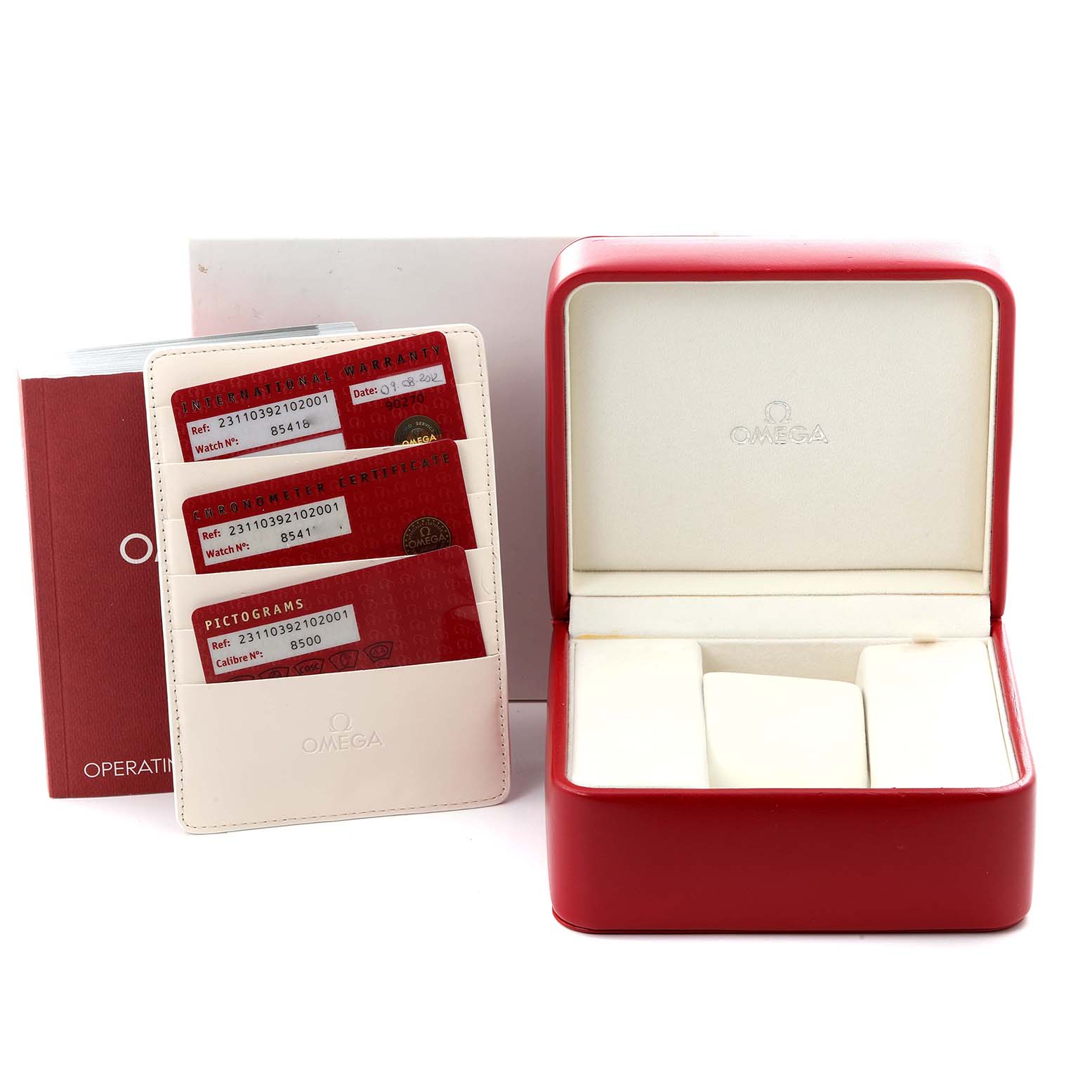The image shows an Omega Aqua Terra 231.10.39.21.02.001 Men's Stainless Steel Silver Dial 231.10.39.21.02.001 Men's Stainless Steel Silver Dial watch's packaging, including a red box, warranty cards, and an operating manual.
