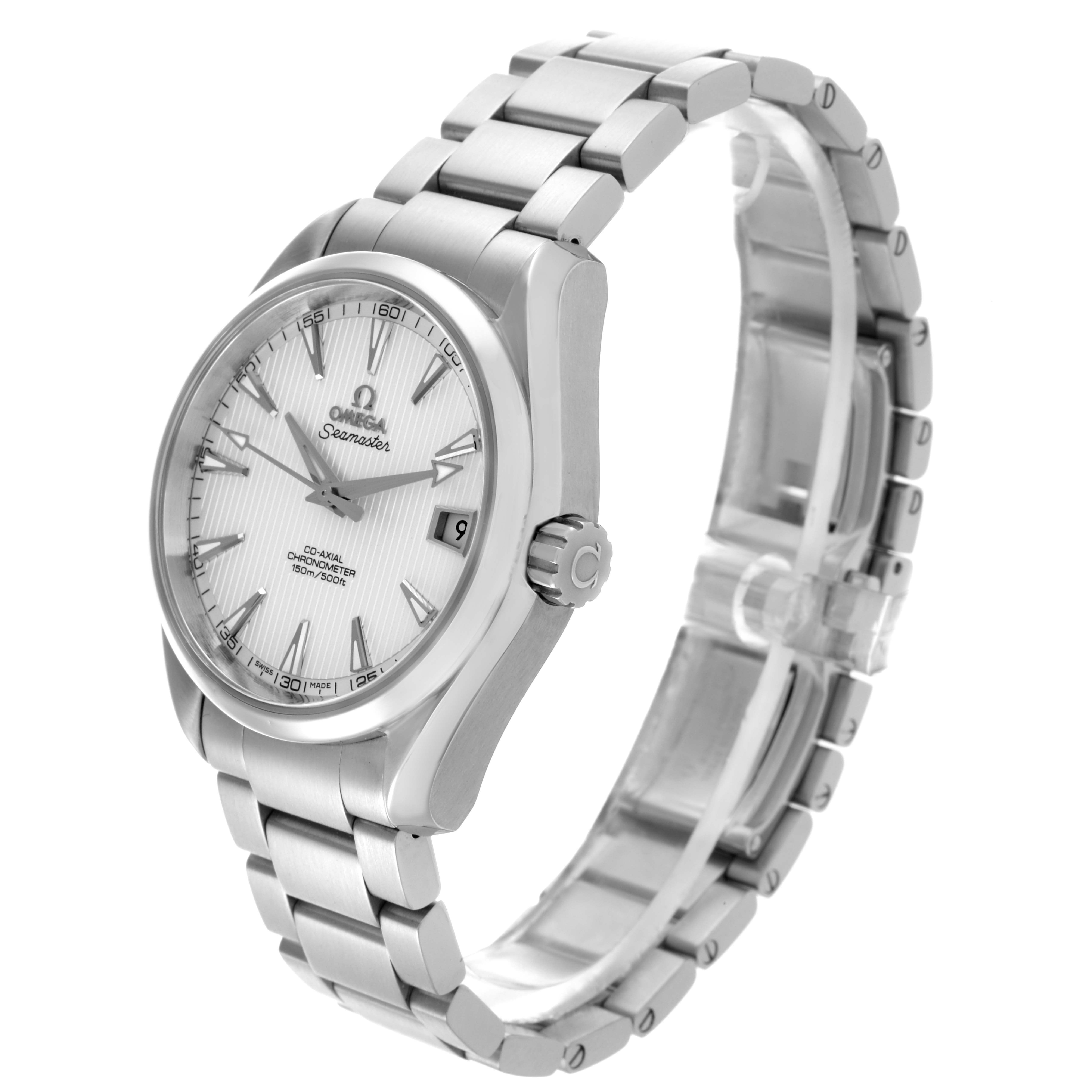 The Omega Aqua Terra 231.10.39.21.02.001 Men's Stainless Steel Silver Dial 231.10.39.21.02.001 Men's Stainless Steel Silver Dial watch is shown at a three-quarter angle, displaying the face, bezel, crown, and bracelet.