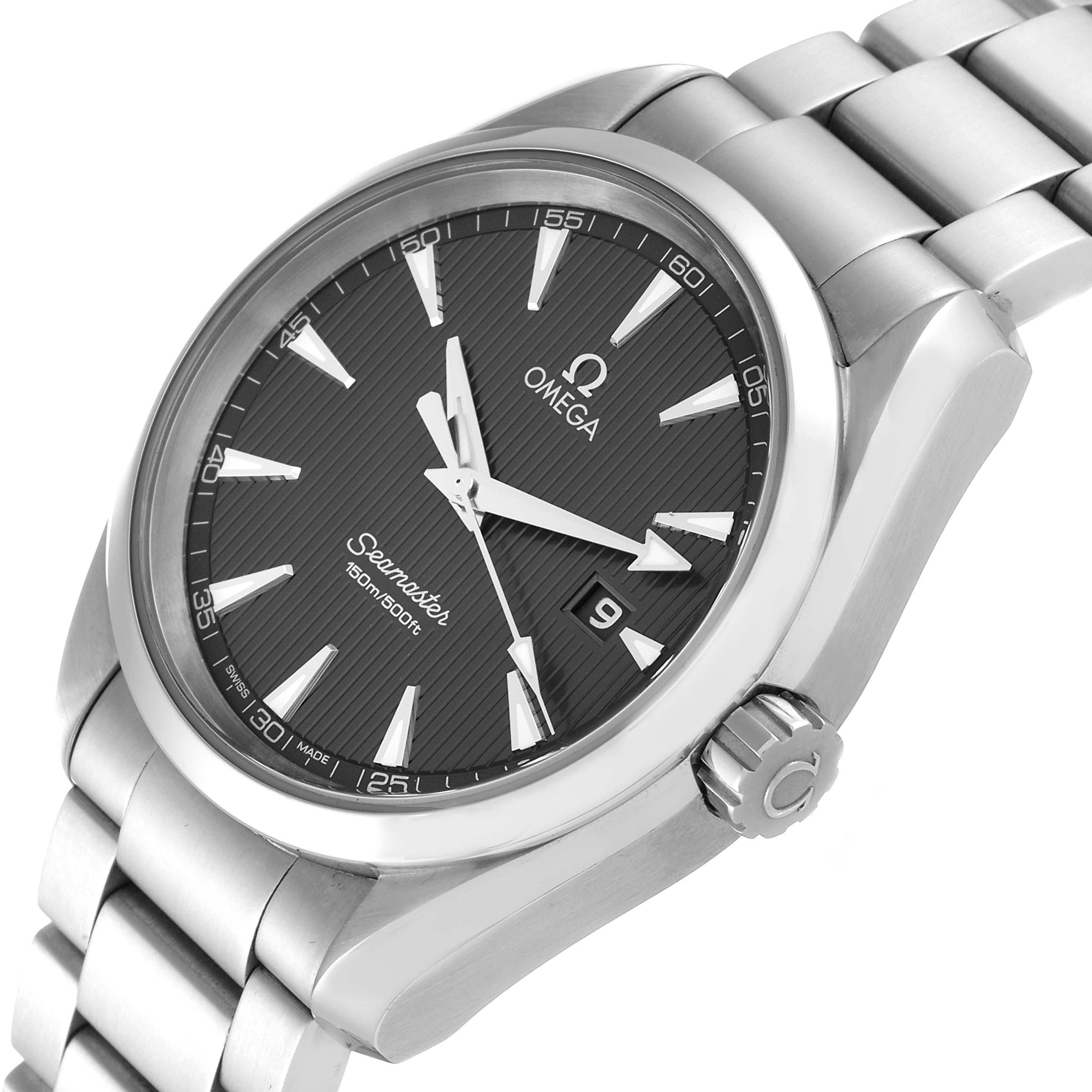 The Omega Aqua Terra 231.10.39.61.06.001 Men's Stainless Steel Grey Dial 231.10.39.61.06.001 Men's Stainless Steel Grey Dial watch is shown at a slight angle, highlighting the dial, bezel, crown, and part of the bracelet.