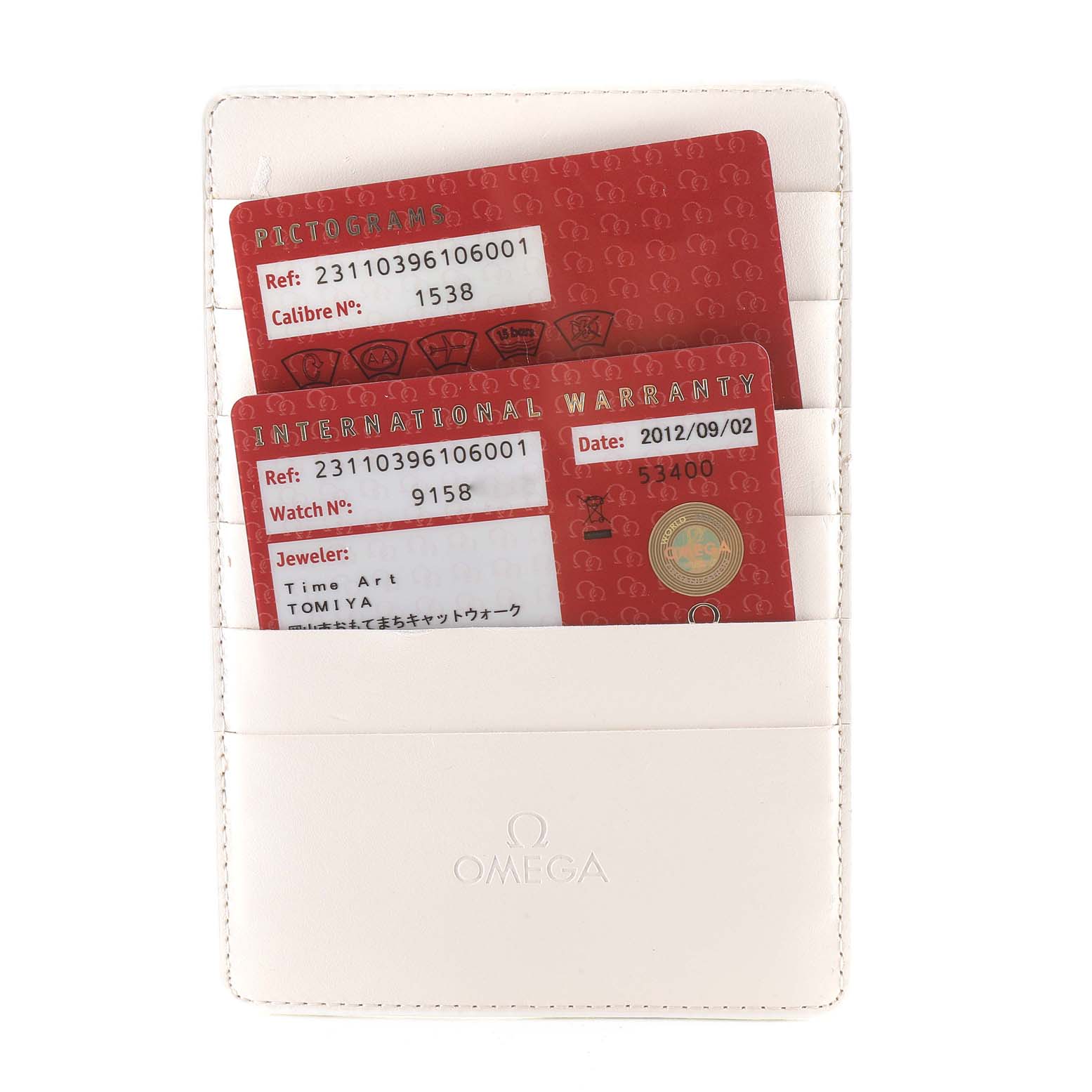 The image shows the warranty and pictograms cards for the Omega Aqua Terra 231.10.39.61.06.001 Men's Stainless Steel Grey Dial 231.10.39.61.06.001 Men's Stainless Steel Grey Dial model in a white Omega card holder.