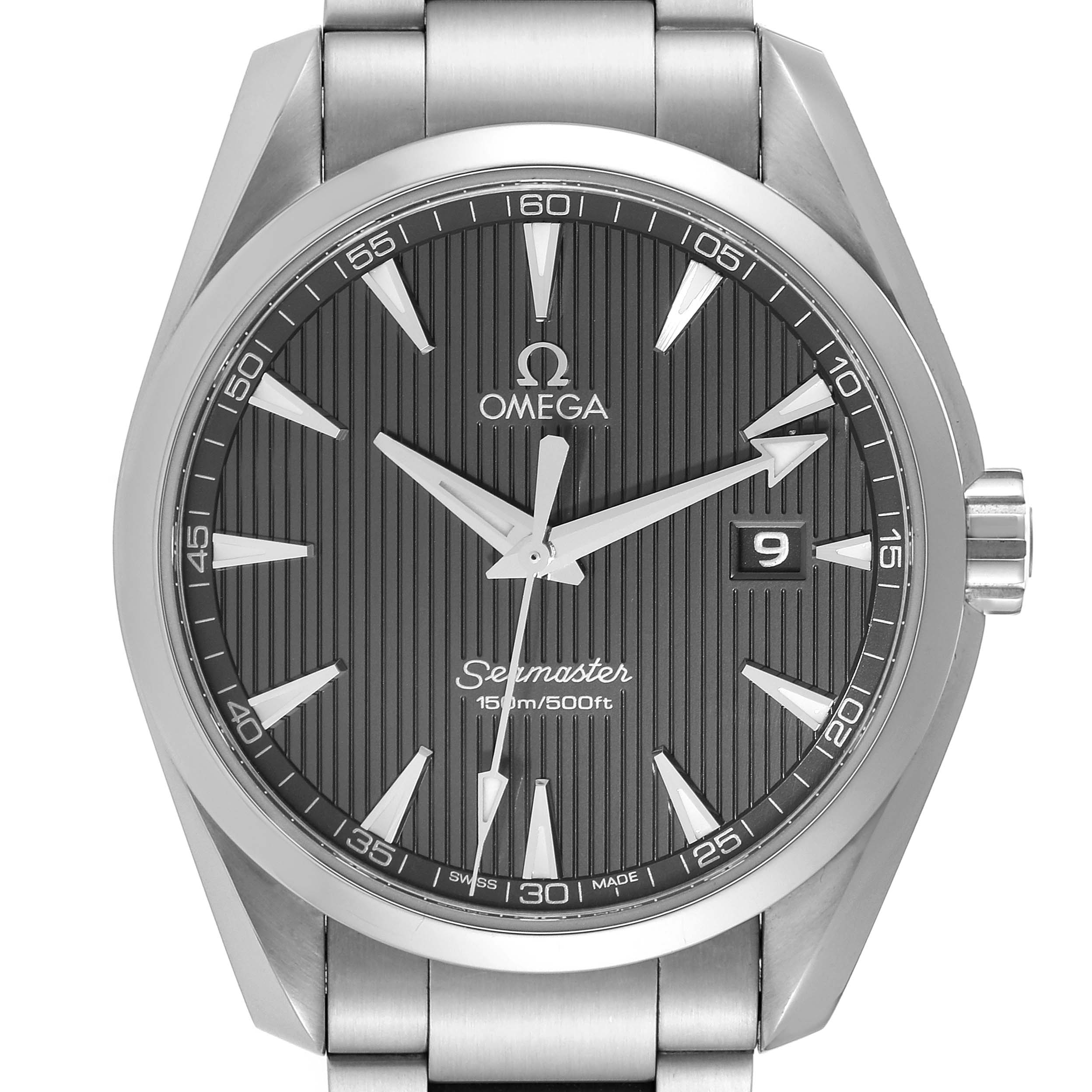 This image shows a frontal view of the Omega Aqua Terra 231.10.39.61.06.001 Men's Stainless Steel Grey Dial 231.10.39.61.06.001 Men's Stainless Steel Grey Dial Seamaster watch, highlighting its dial, hands, markers, and date window.