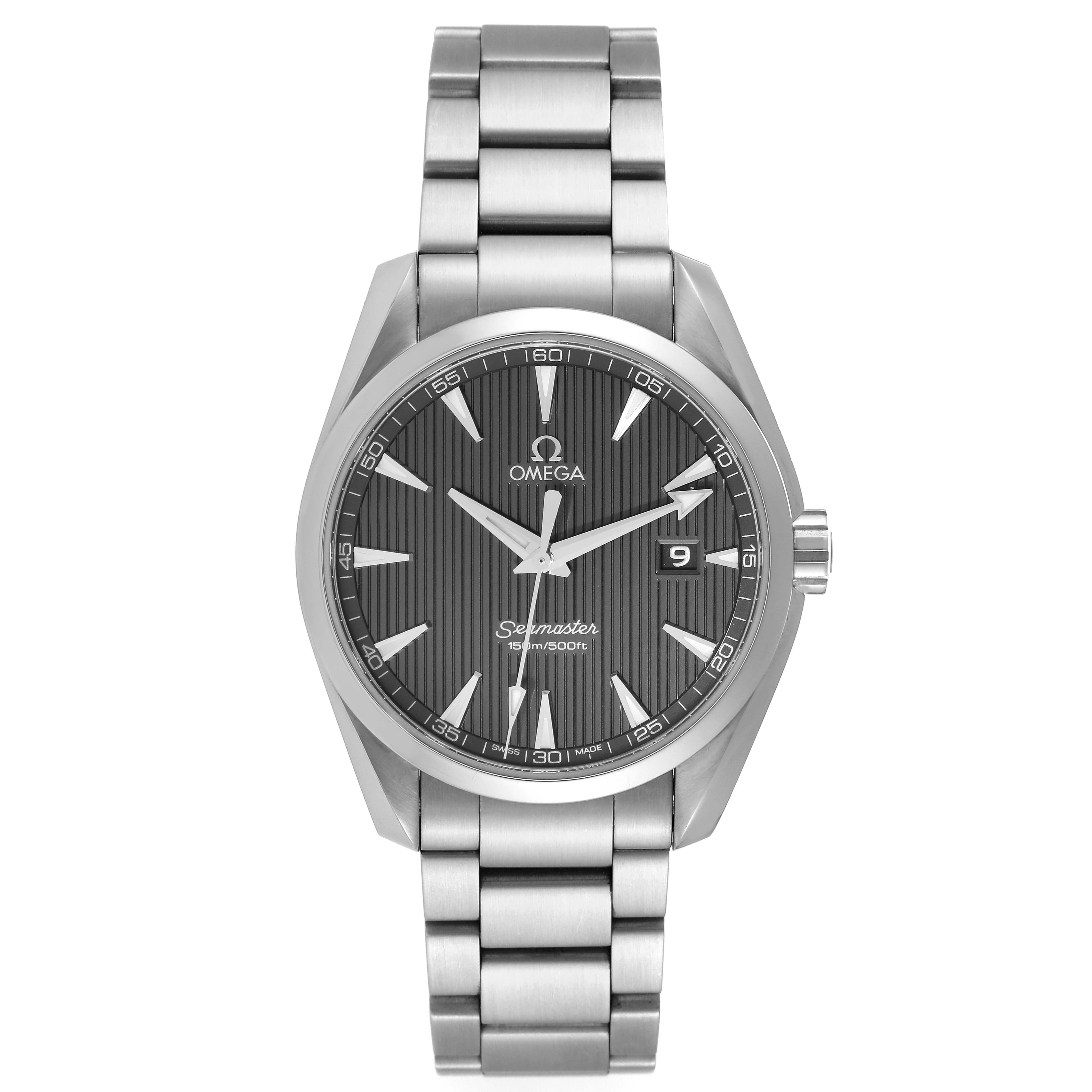 The image shows the Omega Aqua Terra 231.10.39.61.06.001 Men's Stainless Steel Grey Dial 231.10.39.61.06.001 Men's Stainless Steel Grey Dial watch front view, displaying its dial, case, and bracelet.