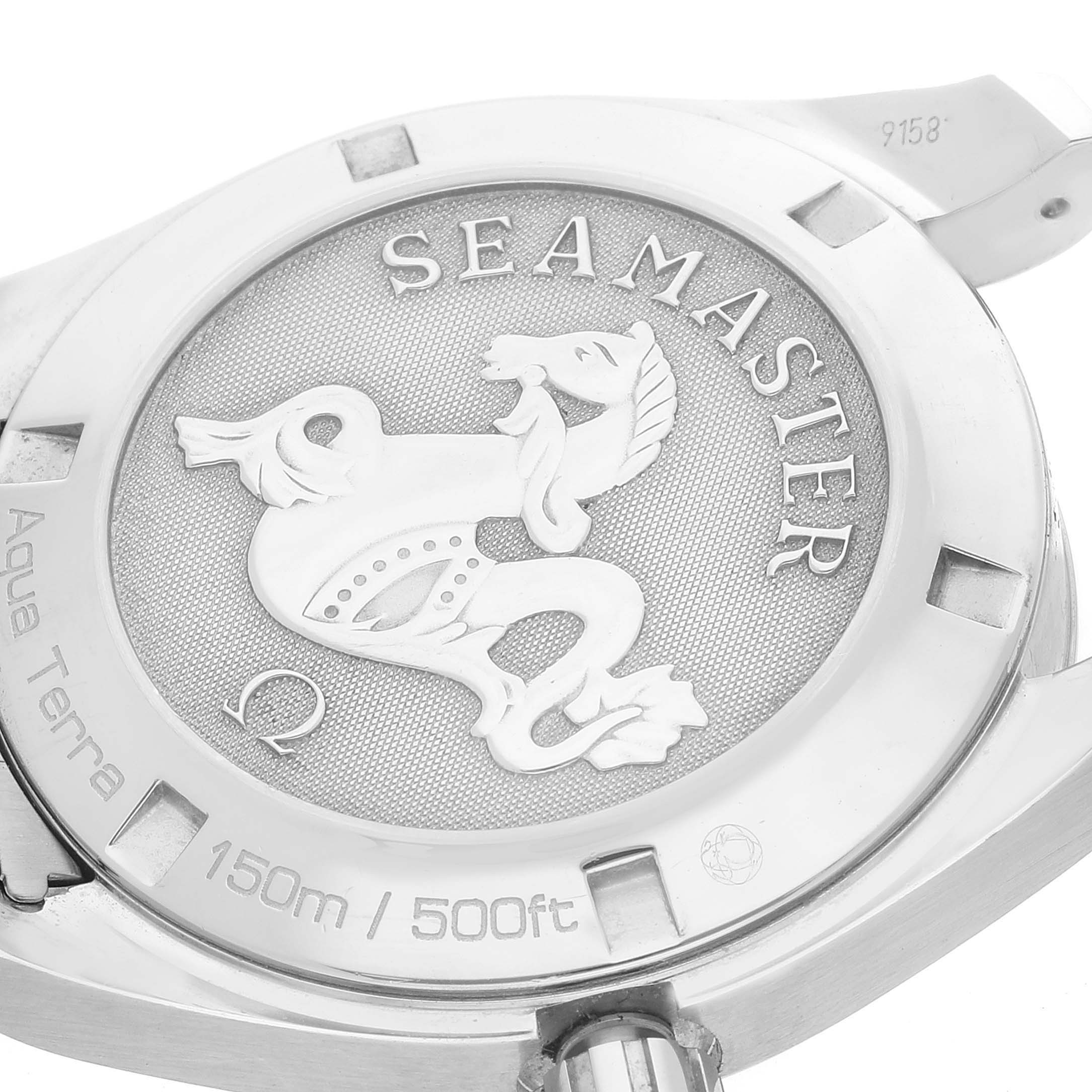 The image shows the back case of an Omega Aqua Terra 231.10.39.61.06.001 Men's Stainless Steel Grey Dial 231.10.39.61.06.001 Men's Stainless Steel Grey Dial watch with the Seamaster logo and water resistance rating.