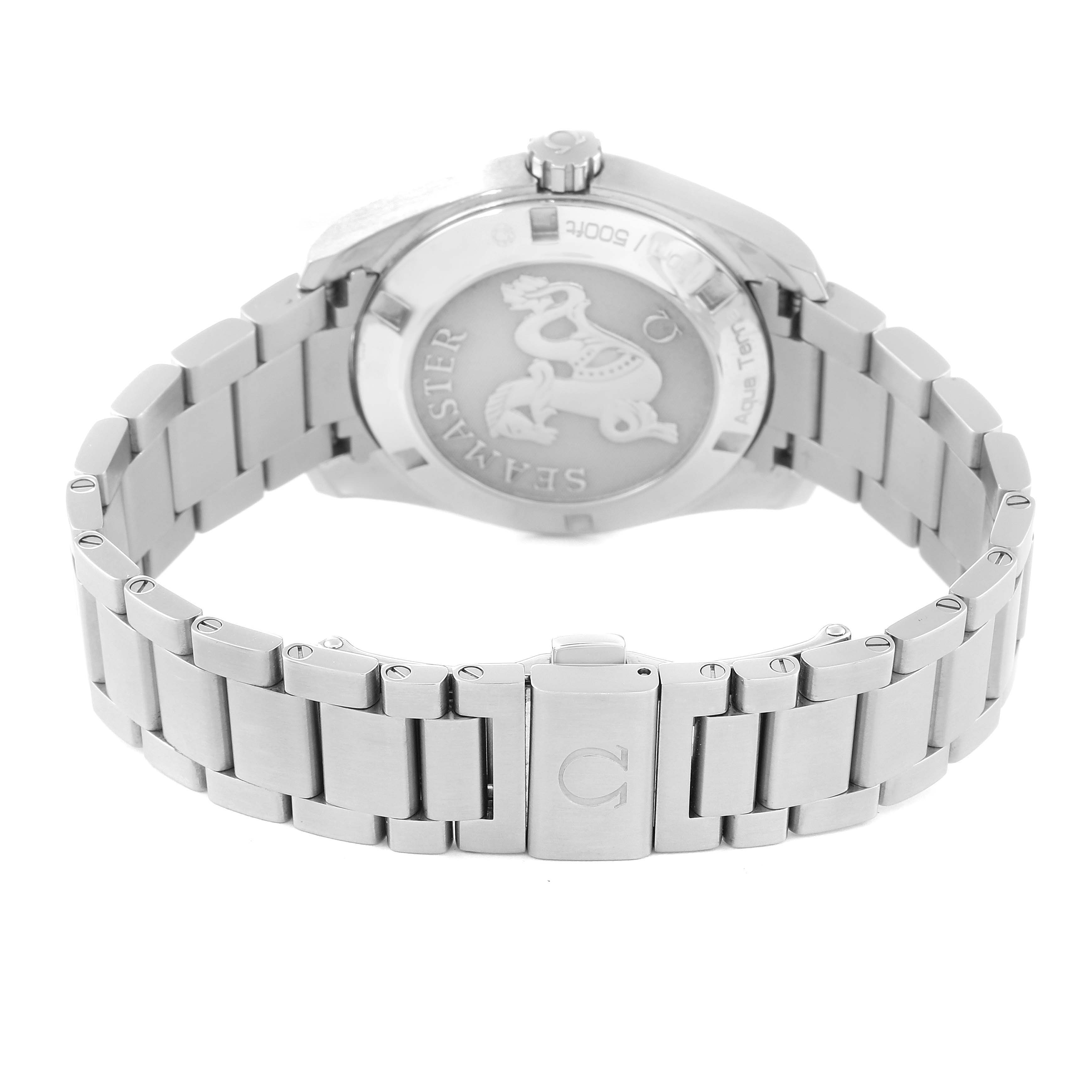 This image shows the back case and stainless steel bracelet of the Omega Aqua Terra 231.10.39.61.06.001 Men's Stainless Steel Grey Dial 231.10.39.61.06.001 Men's Stainless Steel Grey Dial watch, highlighting the engraved case back and clasp.