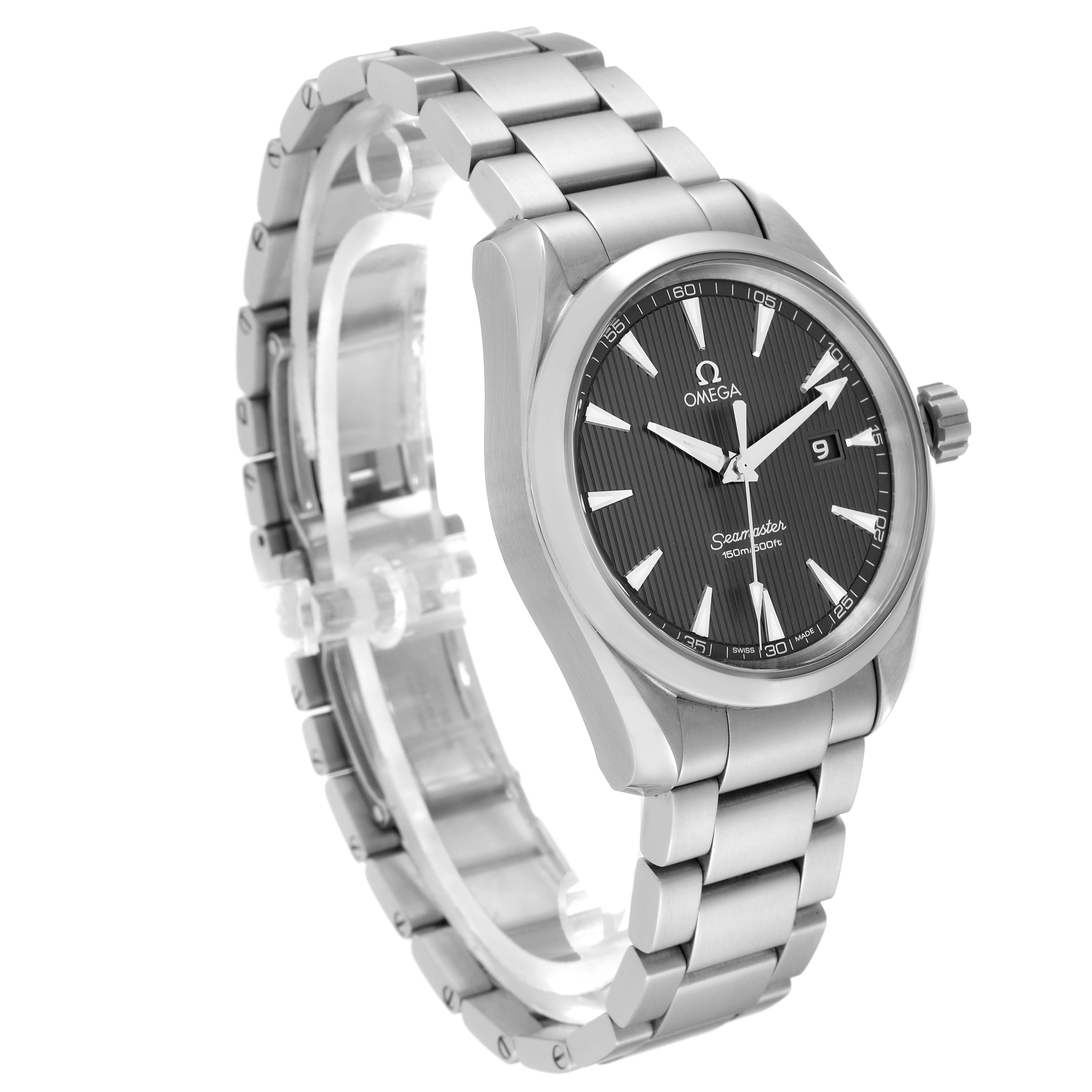 The Omega Aqua Terra 231.10.39.61.06.001 Men's Stainless Steel Grey Dial 231.10.39.61.06.001 Men's Stainless Steel Grey Dial watch is shown from an angled front view, displaying its face, case, and bracelet.