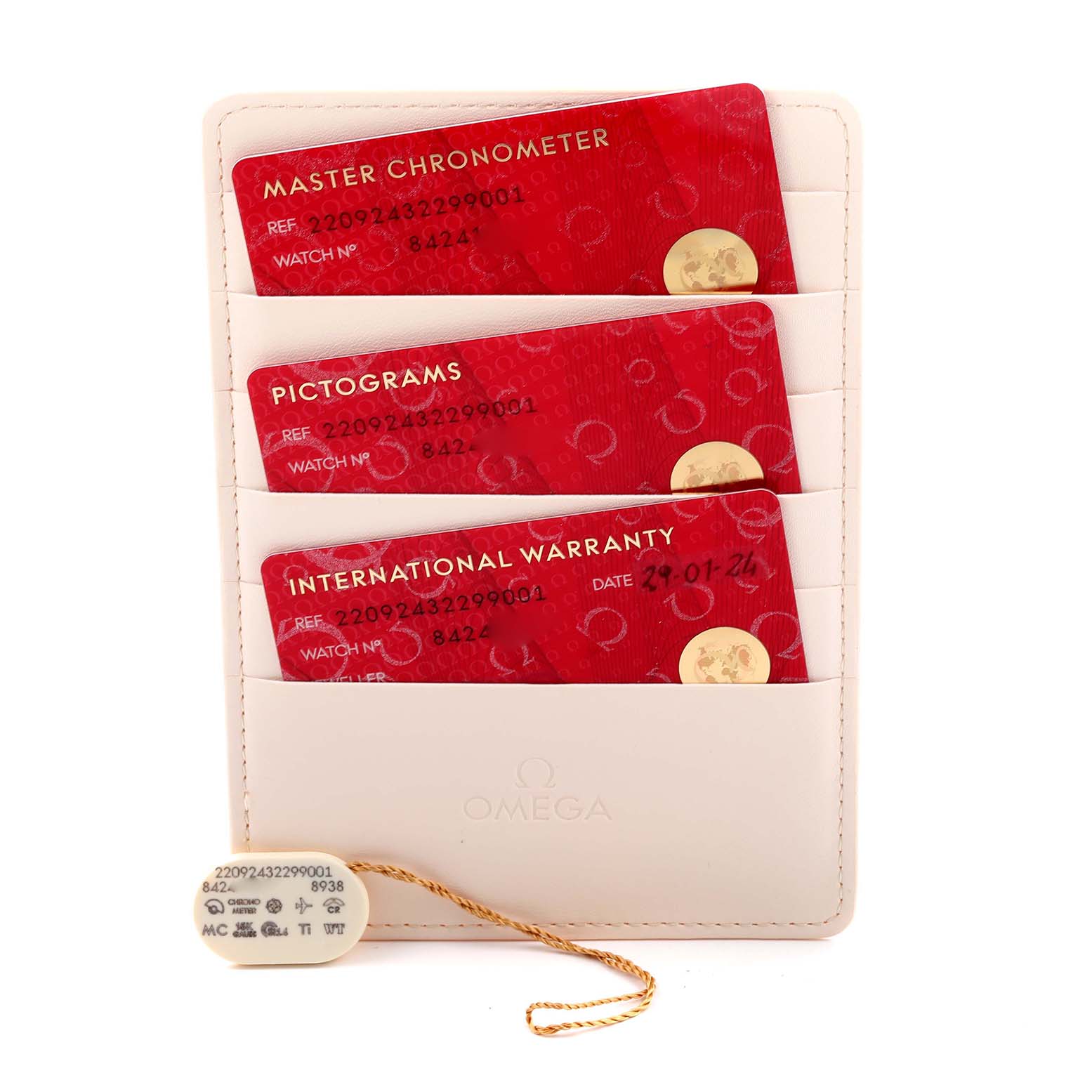 The image shows cards for the Omega Aqua Terra 220.92.43.22.99.001 Men's Titanium Black Dial 220.92.43.22.99.001 Men's Titanium Black Dial: Master Chronometer, Pictograms, International Warranty, and a tag.