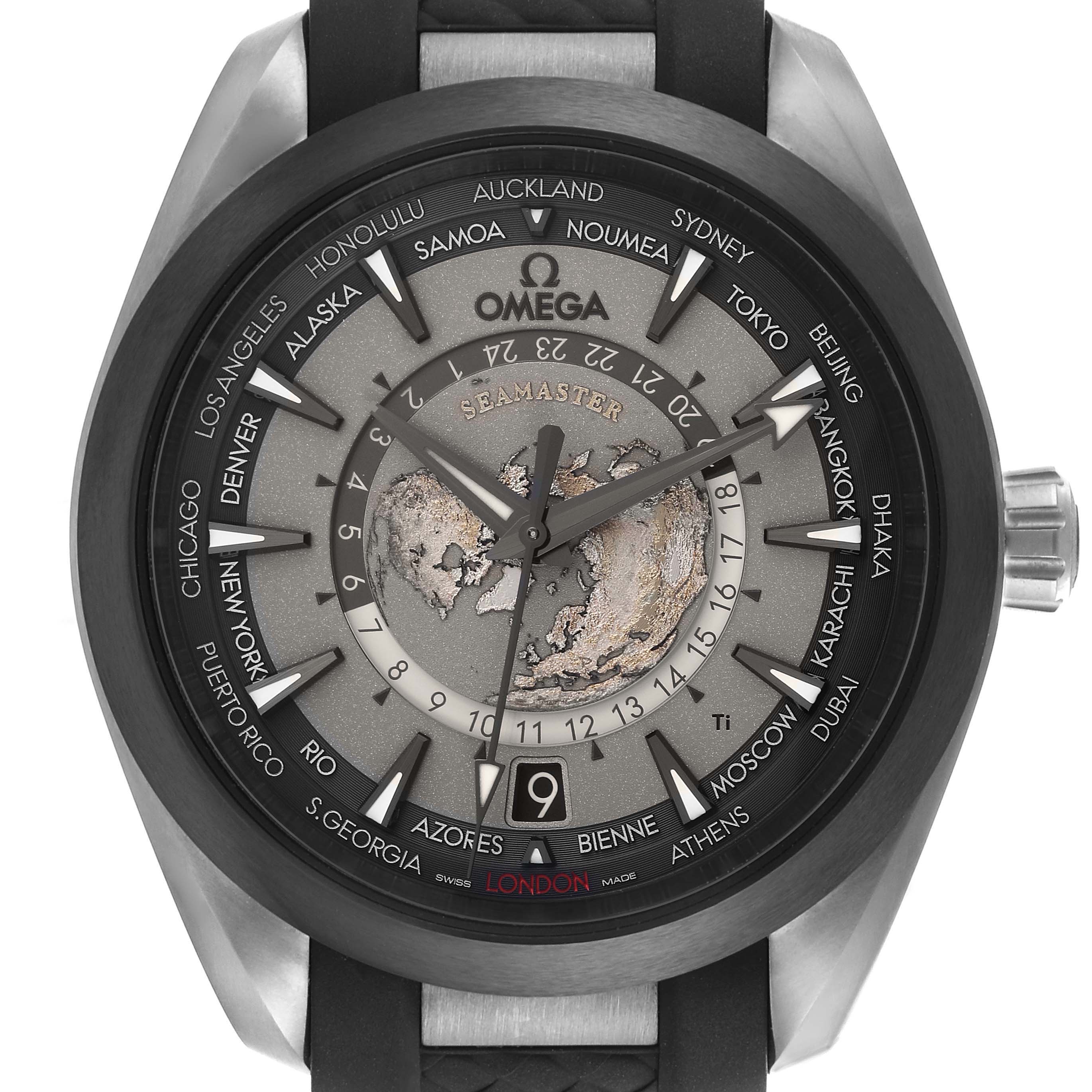 The Omega Aqua Terra 220.92.43.22.99.001 Men's Titanium Black Dial 220.92.43.22.99.001 Men's Titanium Black Dial watch is shown from a frontal angle, displaying its dial, bezel, and crown.