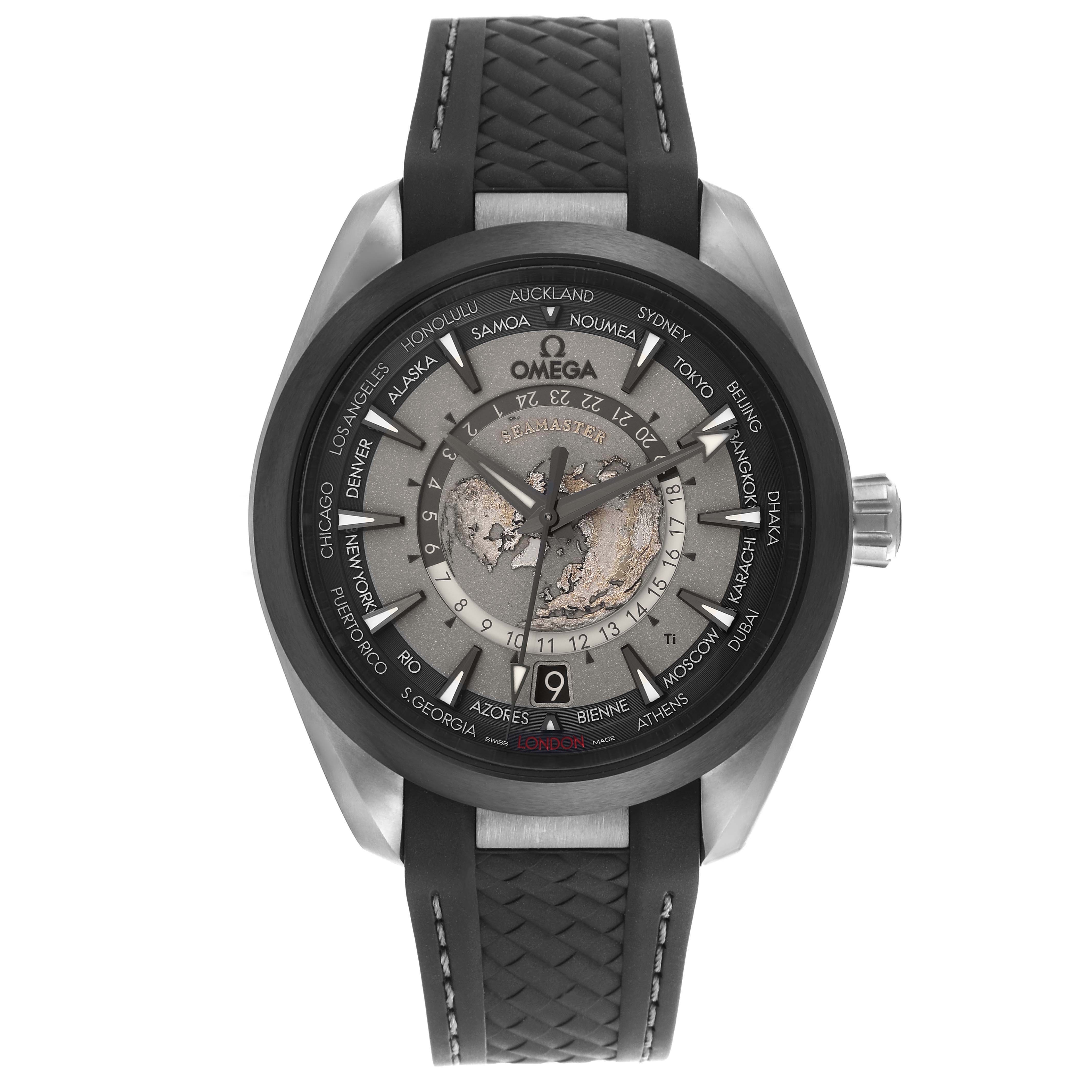 The Omega Aqua Terra 220.92.43.22.99.001 Men's Titanium Black Dial 220.92.43.22.99.001 Men's Titanium Black Dial watch is shown from a front view, highlighting its face, bezel, and strap.