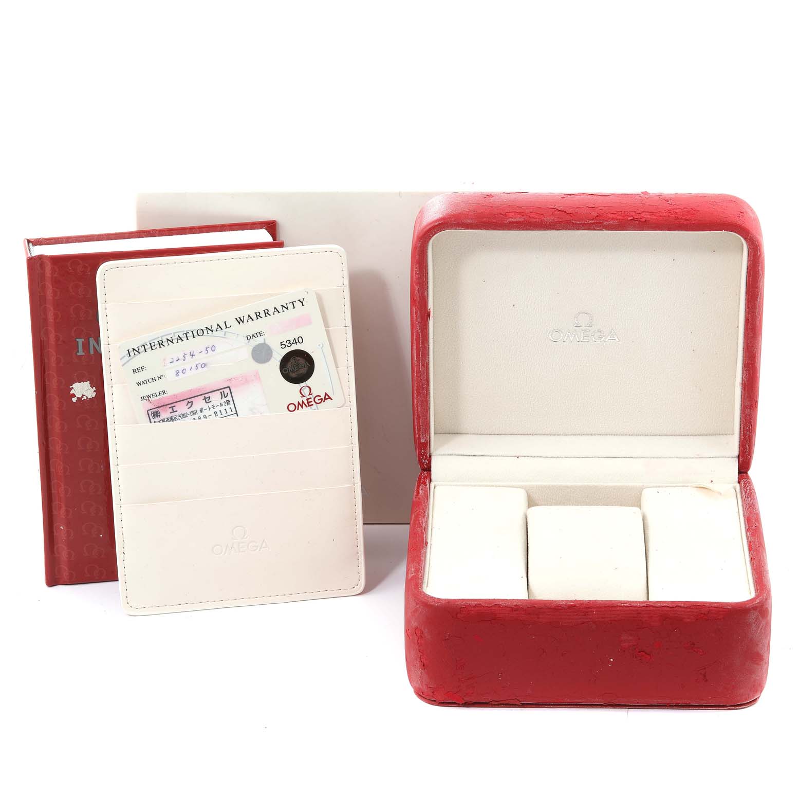 The image shows a red Omega watch box, an international warranty card, and a manual for the Omega Seamaster 2254.50.00 Men's Stainless Steel Black Dial 2254.50.00 Men's Stainless Steel Black Dial model.