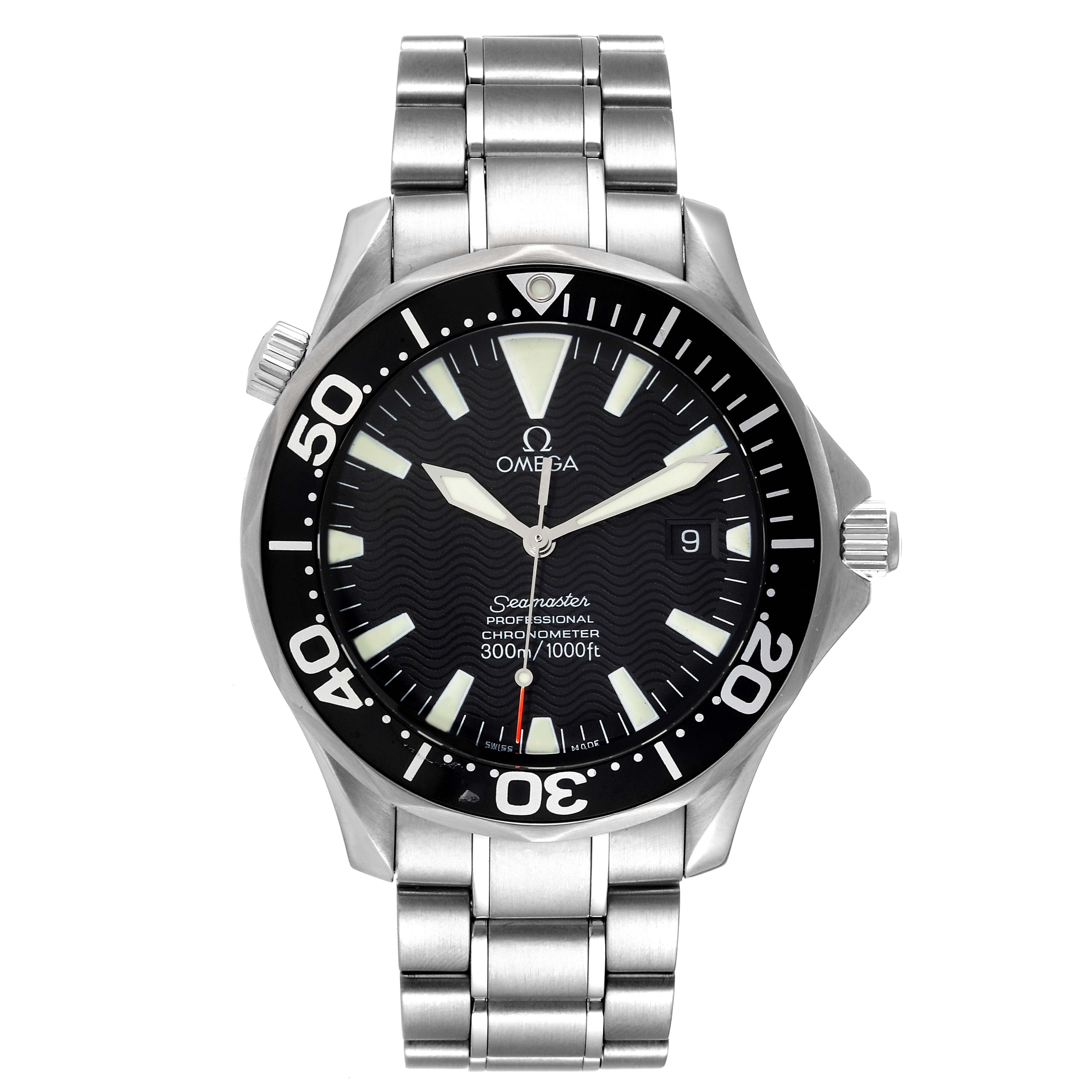 The image shows a front view of an Omega Seamaster 2254.50.00 Men's Stainless Steel Black Dial 2254.50.00 Men's Stainless Steel Black Dial watch, including the dial, bezel, crown, and stainless steel bracelet.