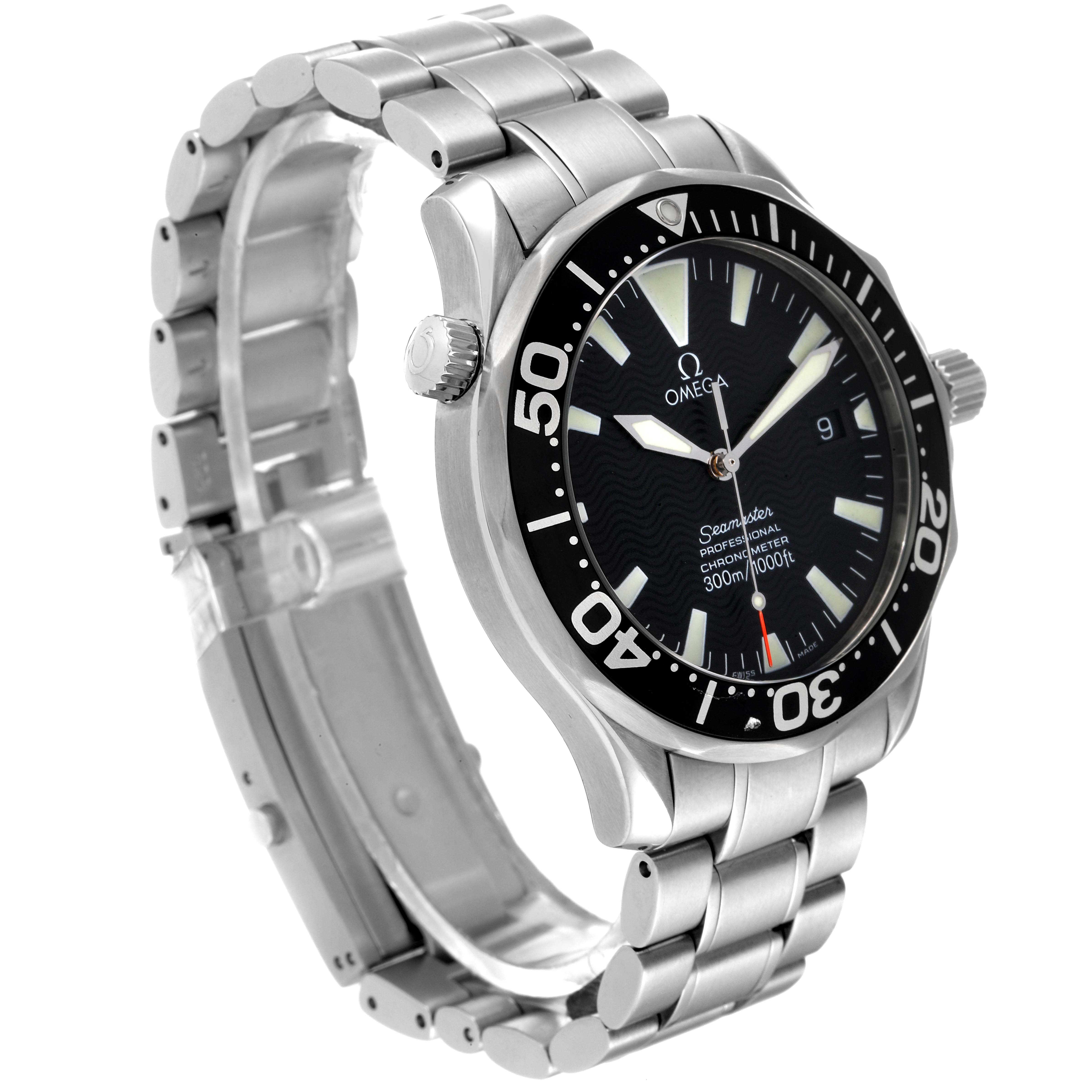 The image shows an angled side view of the Omega Seamaster 2254.50.00 Men's Stainless Steel Black Dial 2254.50.00 Men's Stainless Steel Black Dial watch, highlighting the bracelet, bezel, and crown.