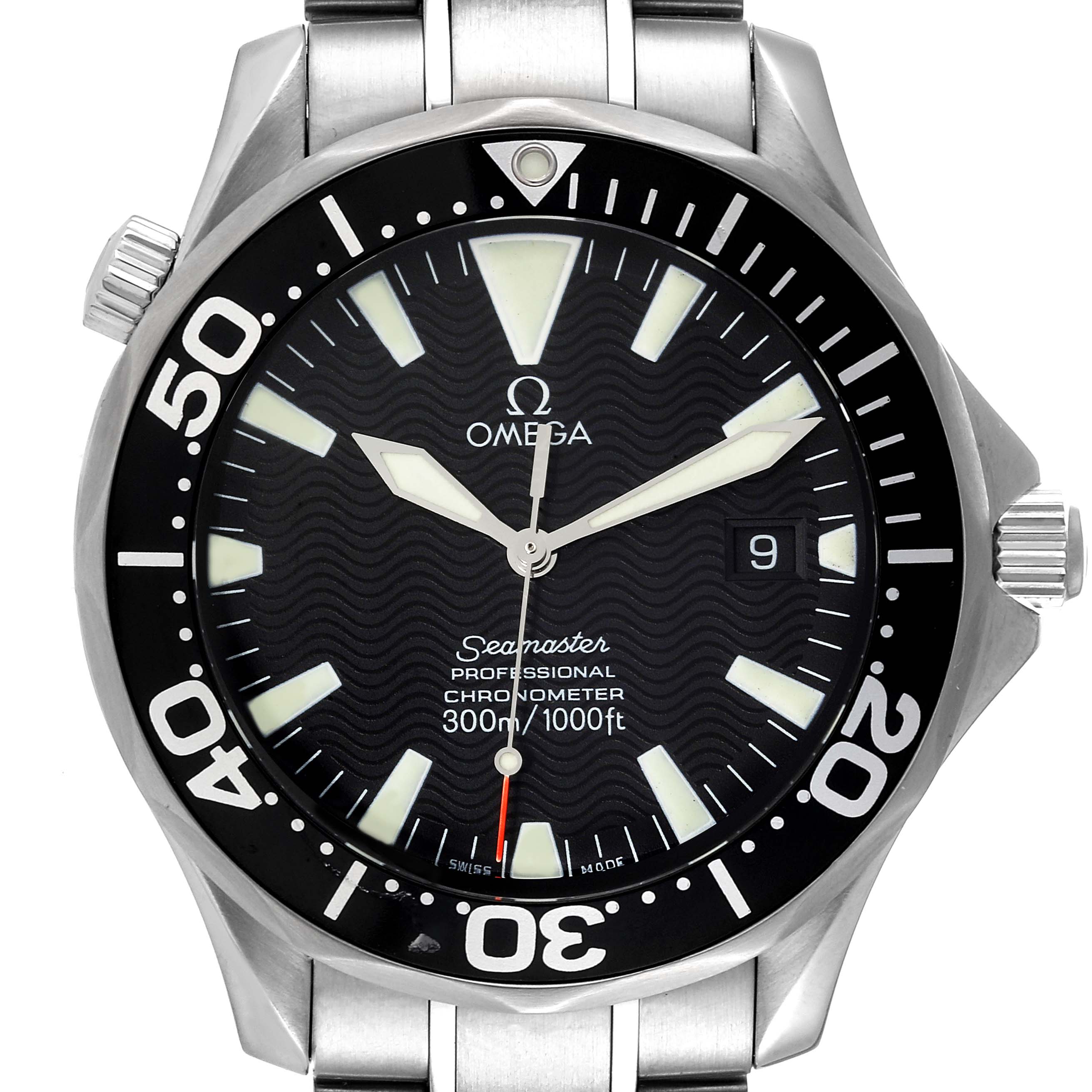 The image shows a front view of the Omega Seamaster 2254.50.00 Men's Stainless Steel Black Dial 2254.50.00 Men's Stainless Steel Black Dial watch, displaying the dial, bezel, and part of the metal bracelet.