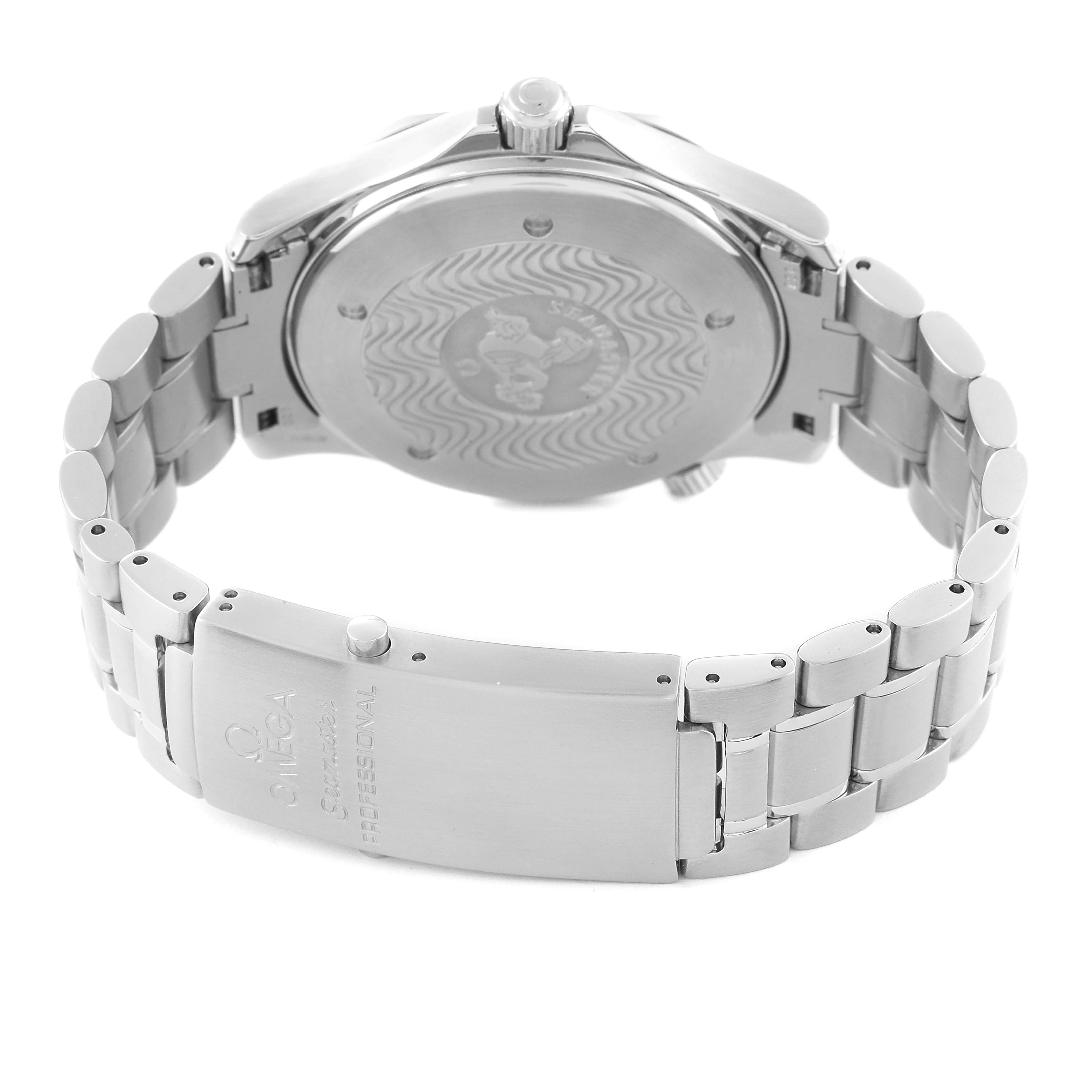 The image shows the back and clasp of an Omega Seamaster 2254.50.00 Men's Stainless Steel Black Dial 2254.50.00 Men's Stainless Steel Black Dial watch at a slight angle, displaying its bracelet and caseback details.