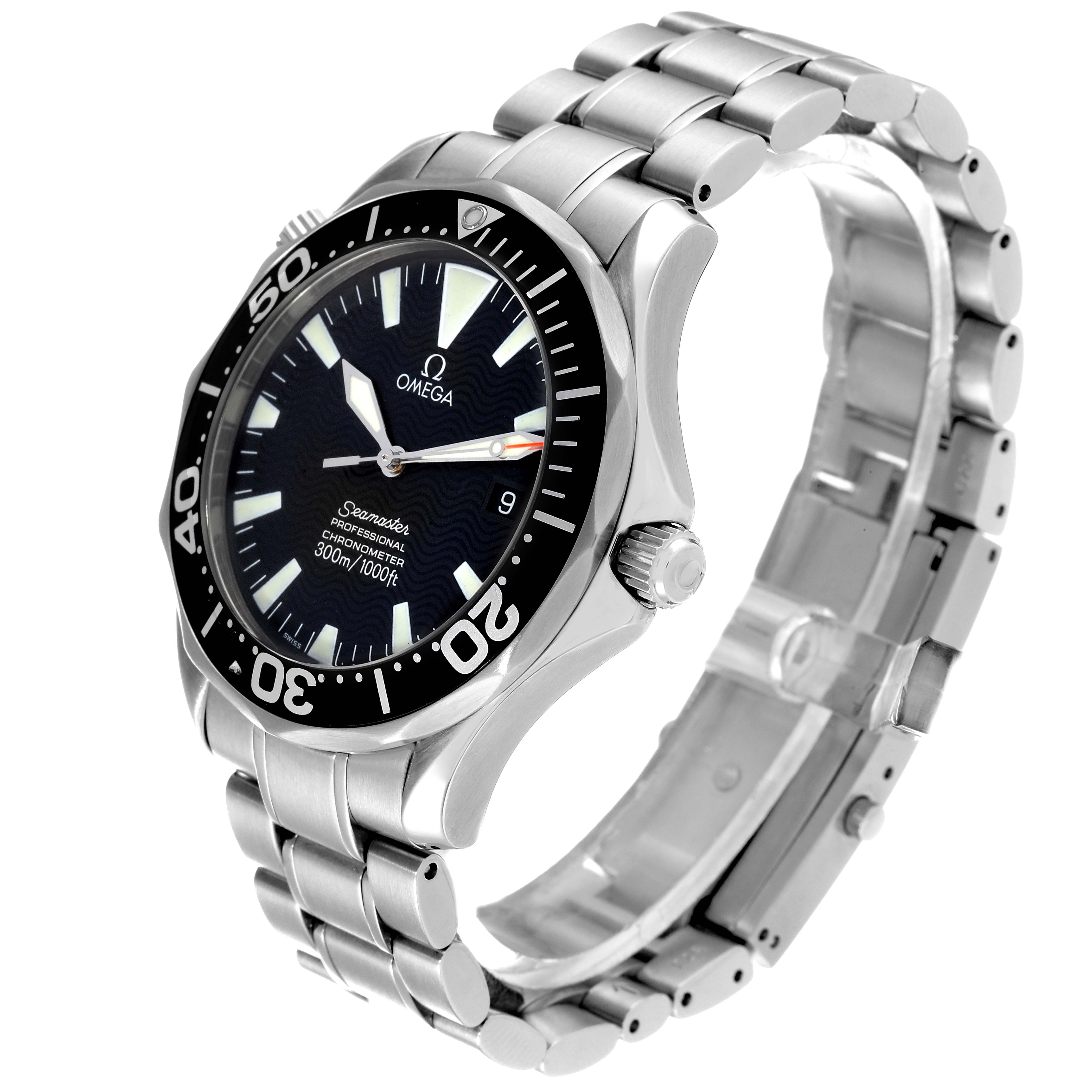 The Omega Seamaster 2254.50.00 Men's Stainless Steel Black Dial 2254.50.00 Men's Stainless Steel Black Dial watch is shown at a three-quarter angle, highlighting the face, bezel, crown, and metal bracelet.