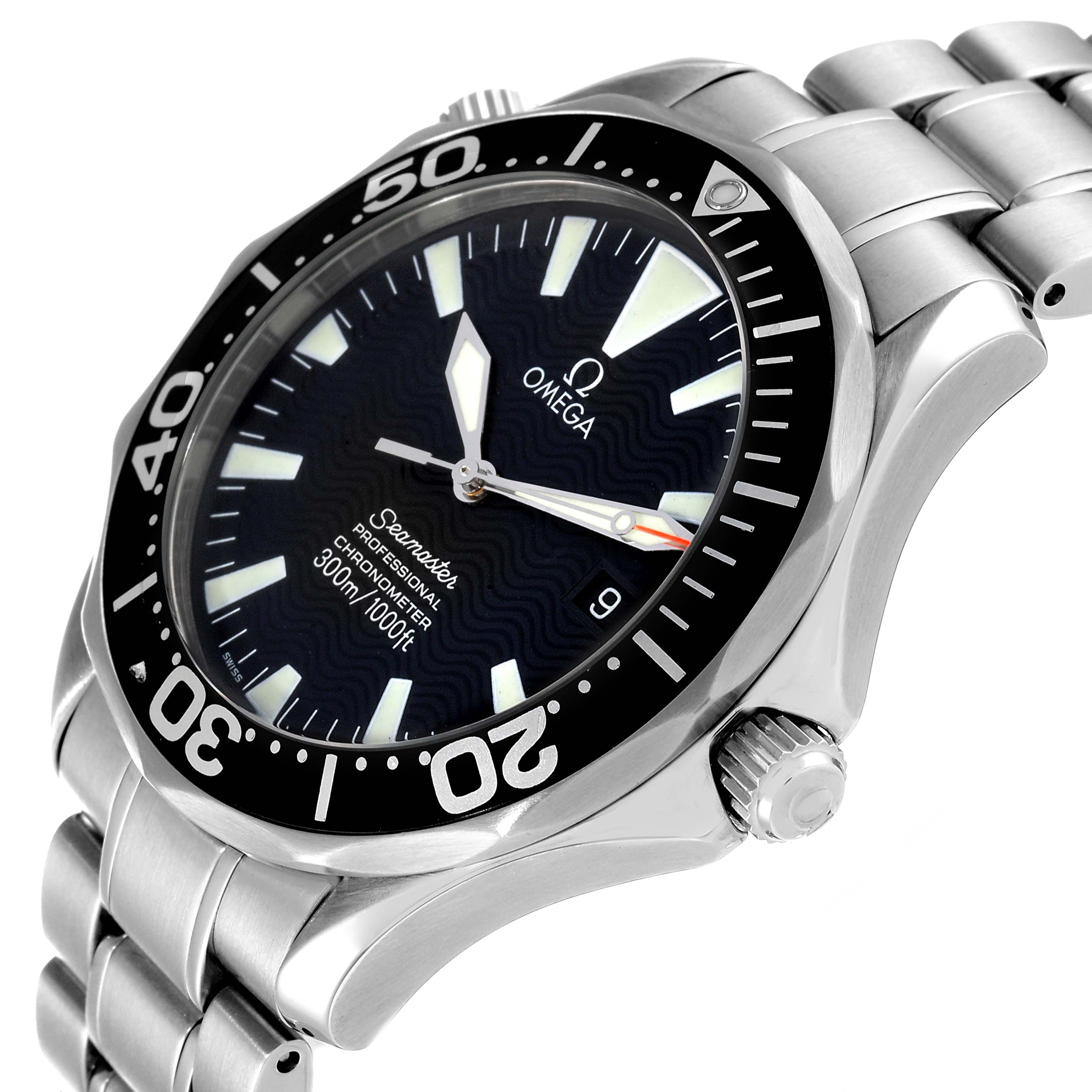 This is an angled view showing the face, bezel, crown, and part of the bracelet of the Omega Seamaster 2254.50.00 Men's Stainless Steel Black Dial 2254.50.00 Men's Stainless Steel Black Dial watch.