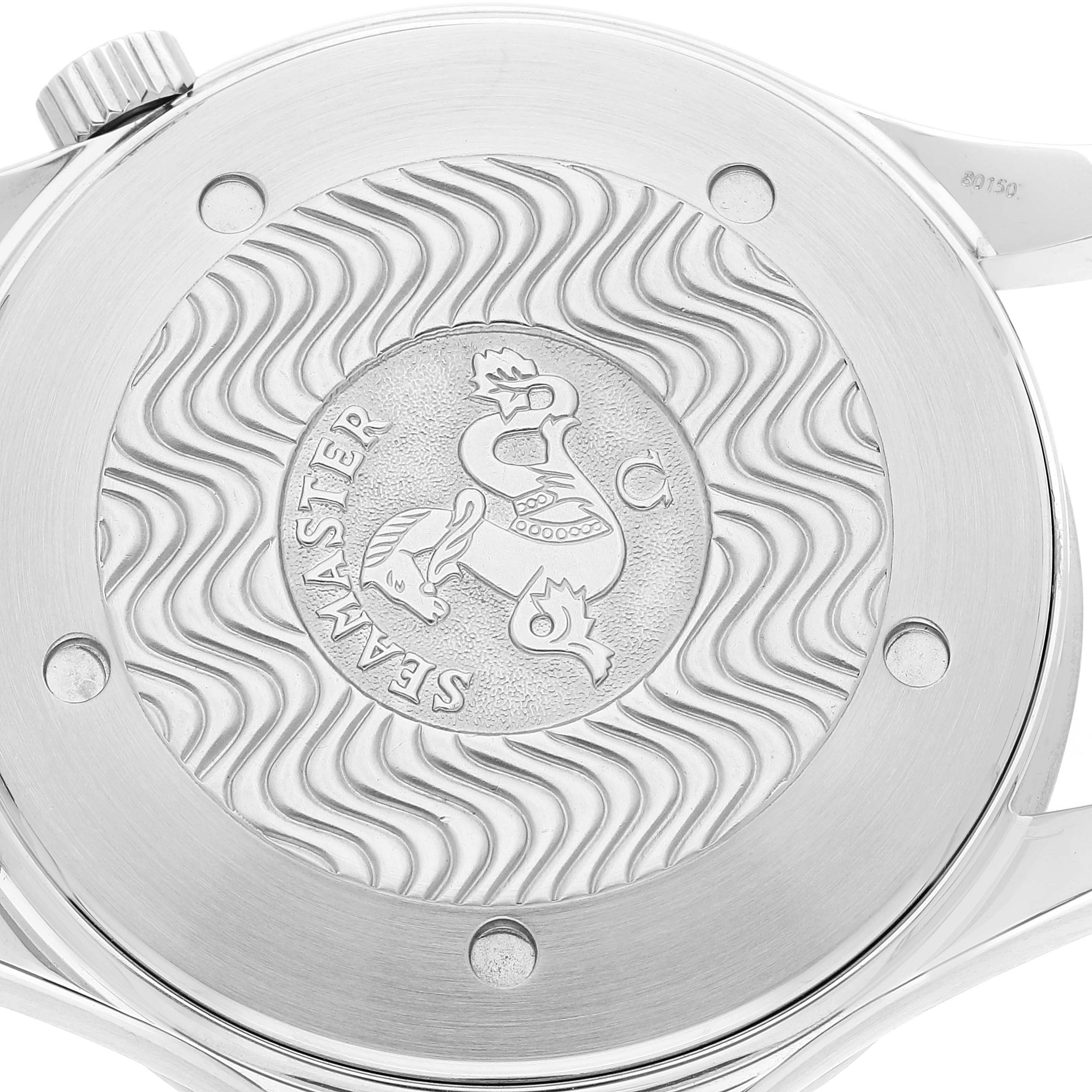 The image shows the case back of the Omega Seamaster 2254.50.00 Men's Stainless Steel Black Dial 2254.50.00 Men's Stainless Steel Black Dial watch, featuring the embossed logo and wave pattern design.