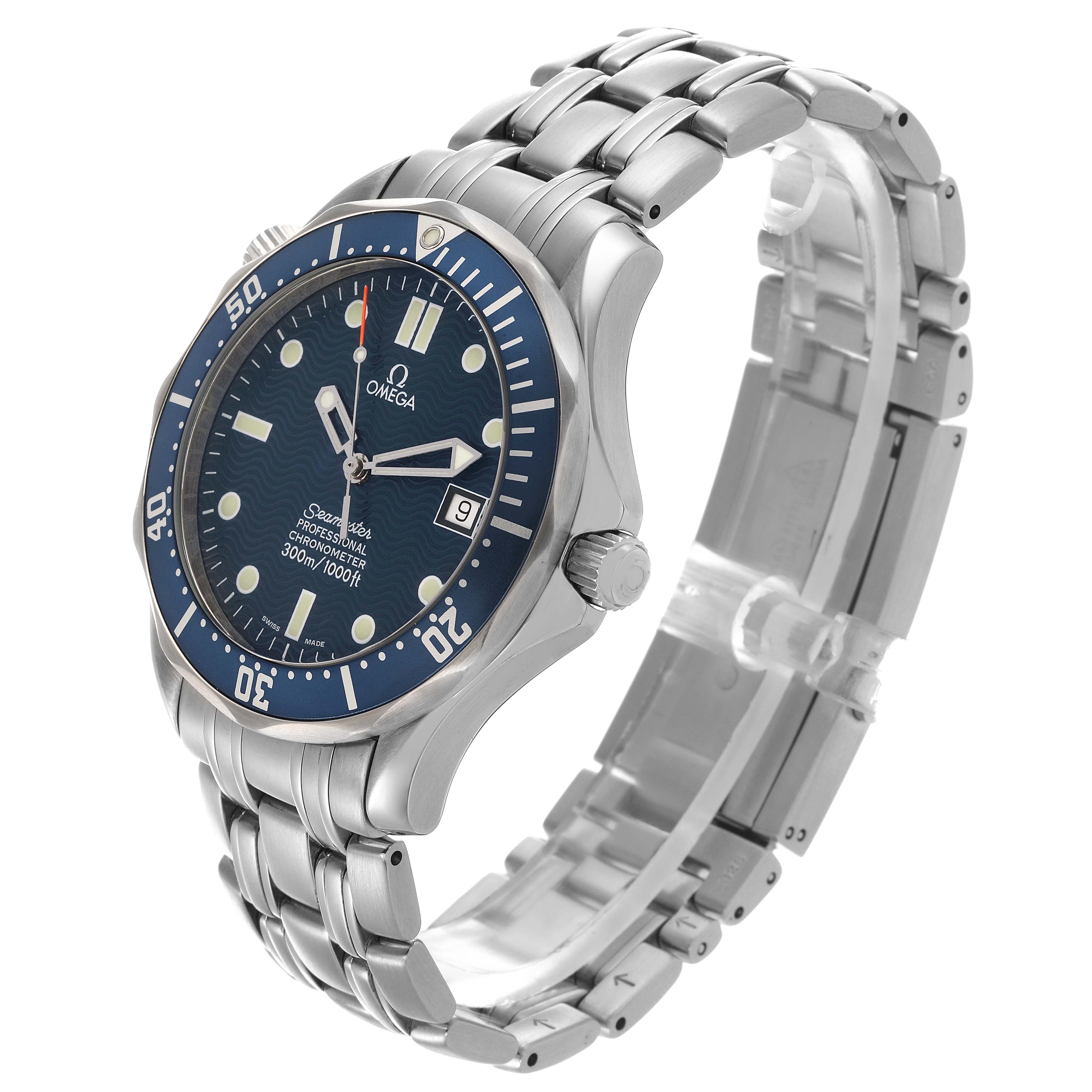 The Omega Seamaster 2531.80.00 Men
s Stainless Steel Blue Dial 2531.80.00 Men
s Stainless Steel Blue Dial watch is shown at an angled view, highlighting the face, bezel, crown, and metal bracelet.
